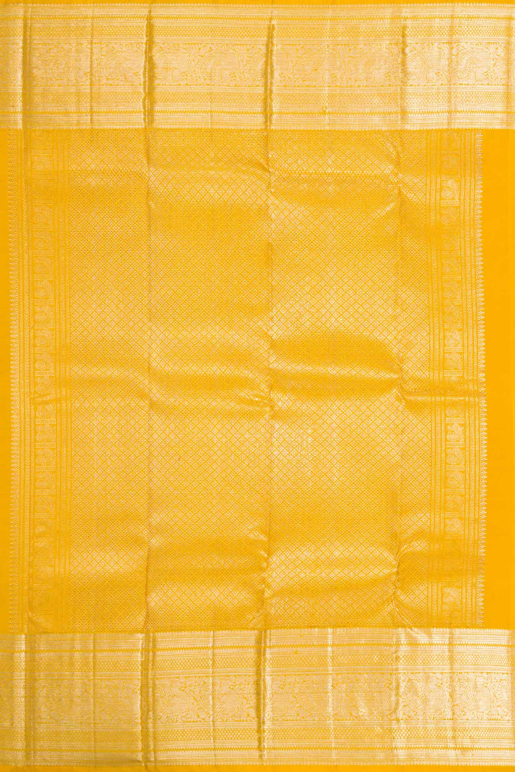 Close up image of the pallu of Yellow Dual Tone Kanchipuram Silk Saree with Zari Brocade on the body and Zari Border