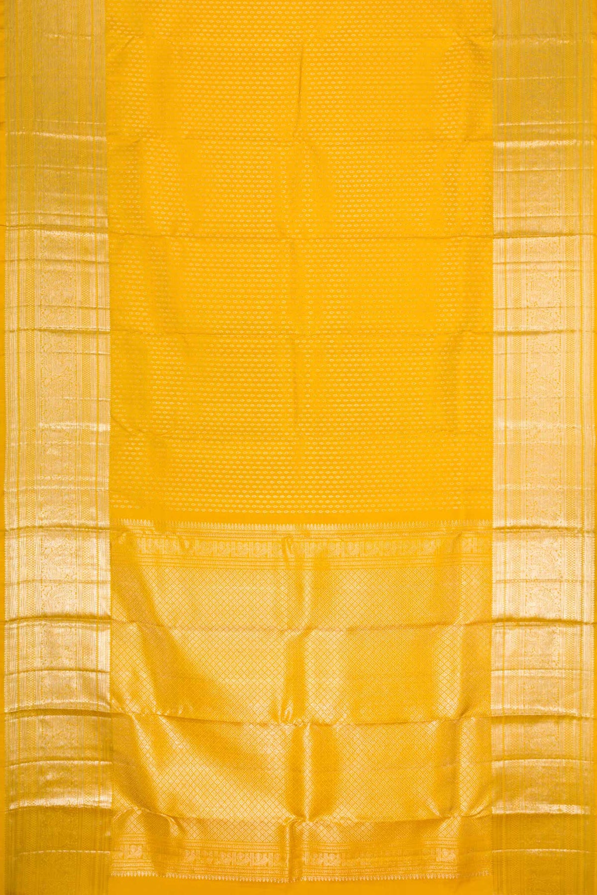 Flat view of Yellow Dual Tone Kanchipuram Silk Saree with Zari Brocade on the body and Zari Border