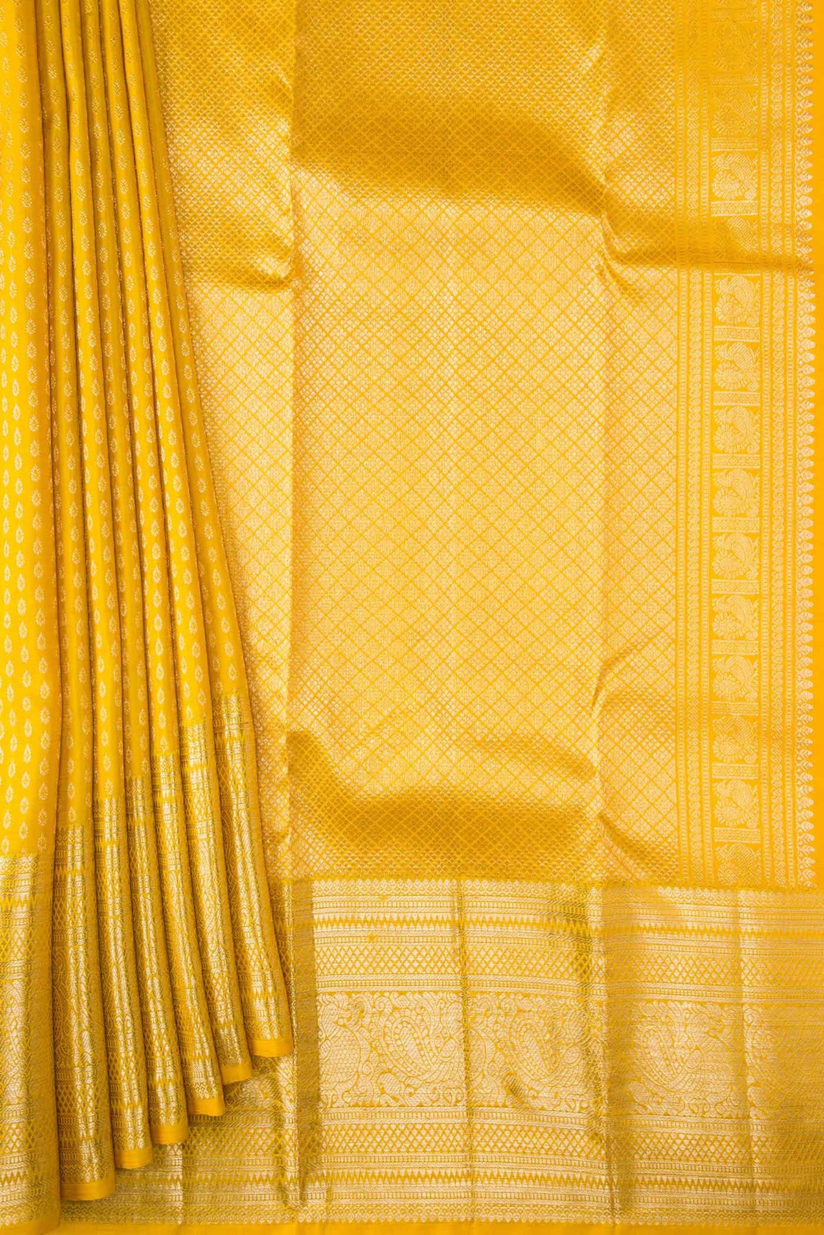 Pleats and pallu of Yellow Dual Tone Kanchipuram Silk Saree with Zari Brocade on the body and Zari Border