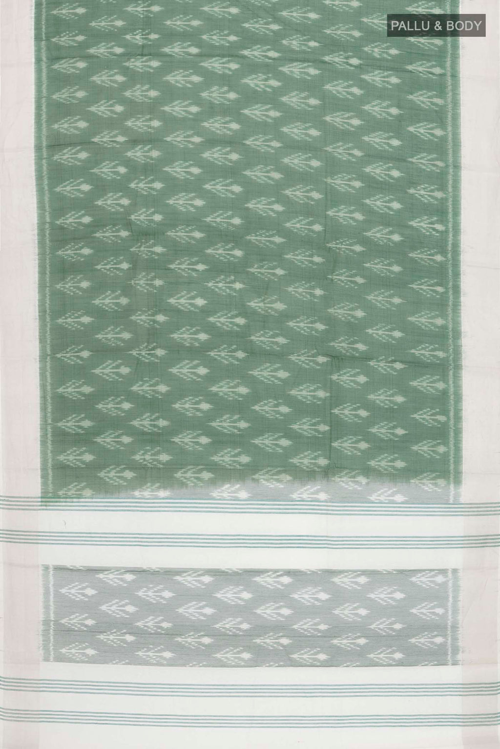 Flat view of Green Silk Cotton Saree with Ikat Print on the body and Zari Border