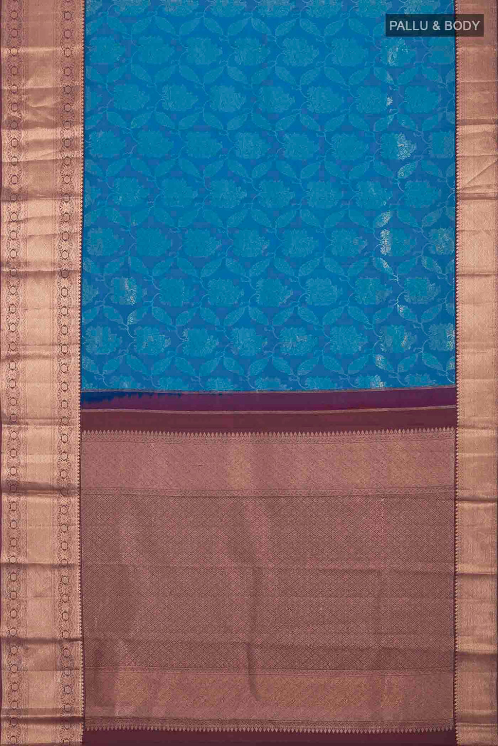 Flat view of Blue Kanchipuram Silk Saree with Zari Butta on the body and Zari Border