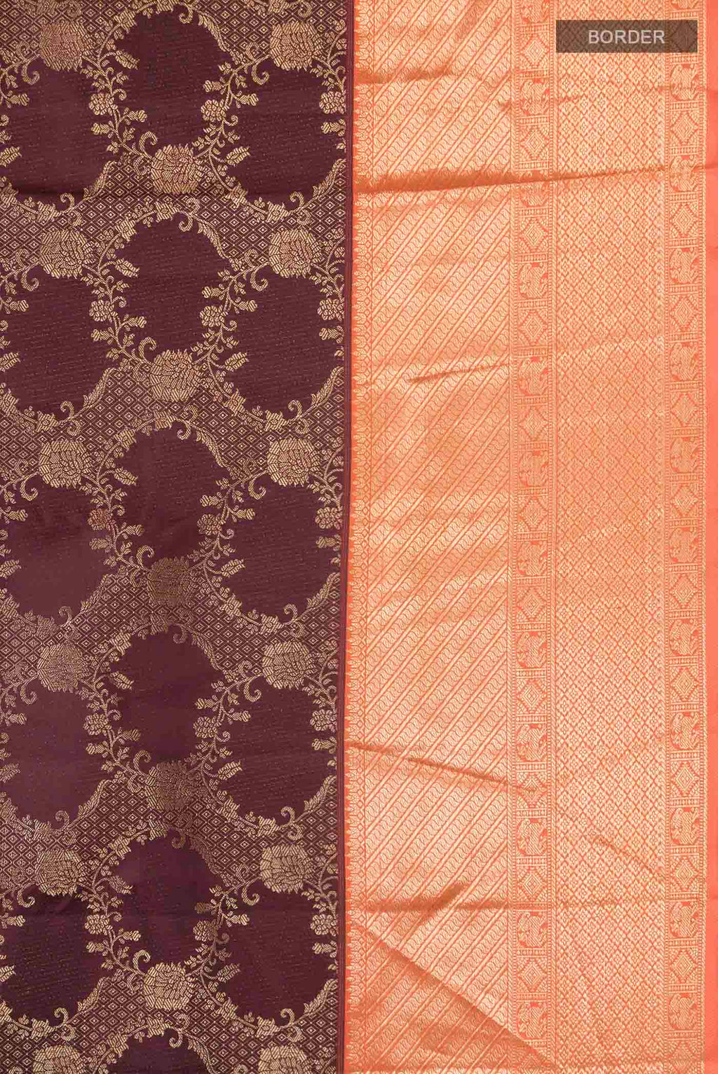 Border image of Brown Kanchipuram Silk Saree with Zari Butta on the body and Zari Border