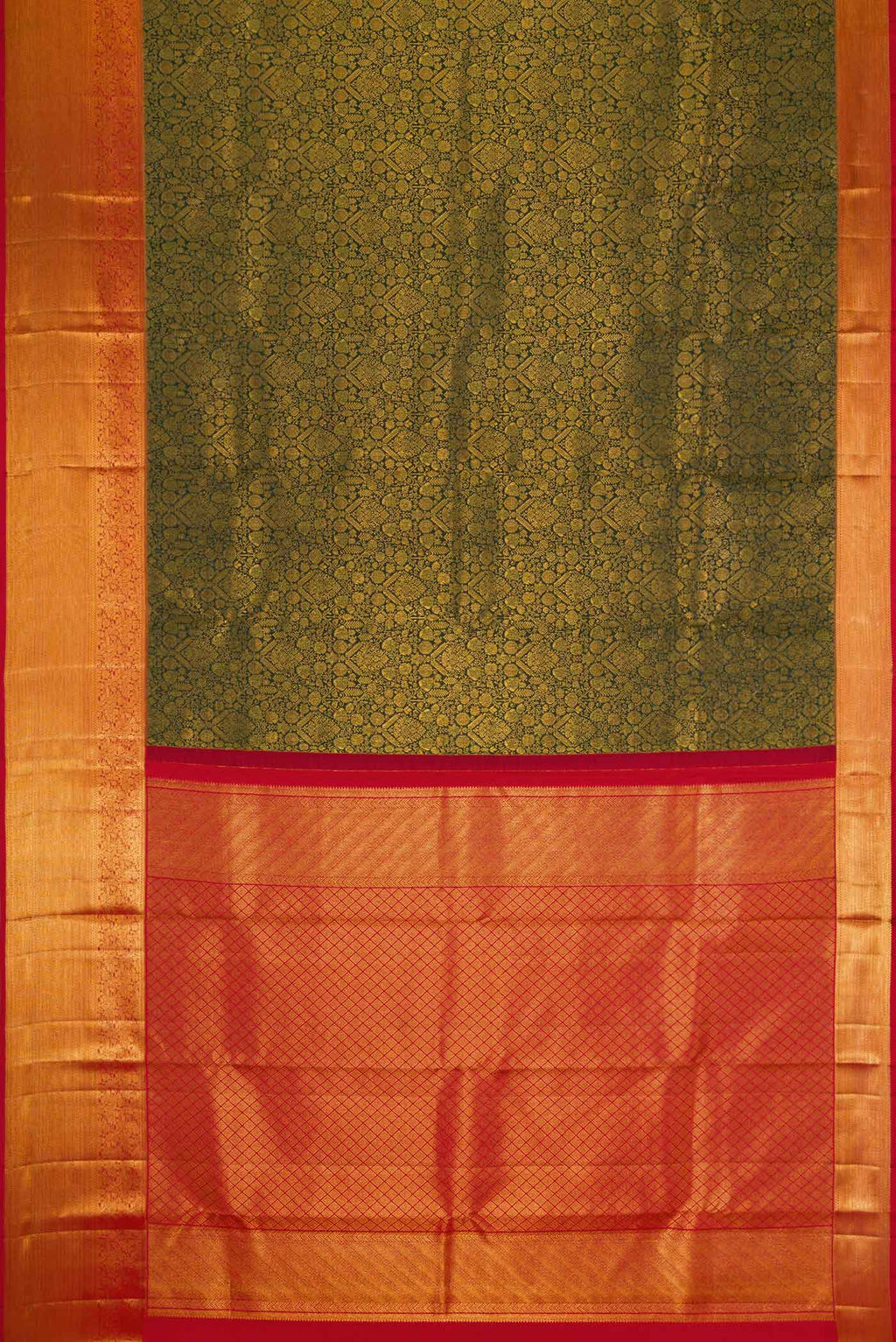 Flat view of Green Dual Tone Kanchipuram Silk Saree with Zari Brocade on the body and Zari Border