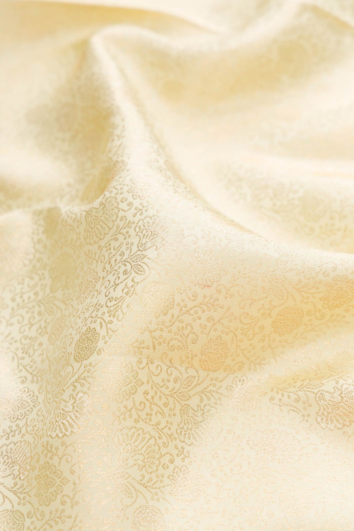 Close up of Off White Dual Tone Kanchipuram Silk Saree with Zari Brocade on the body and Zari Border displaying folds