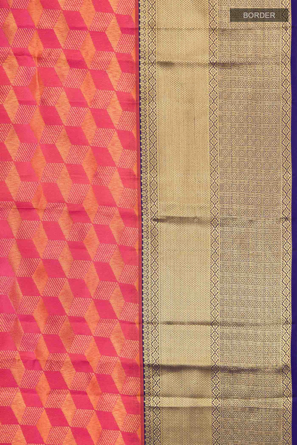 Border image of Pink with Orange Dual Tone Kanchipuram Silk Saree with Zari Brocade on the body and Zari Border