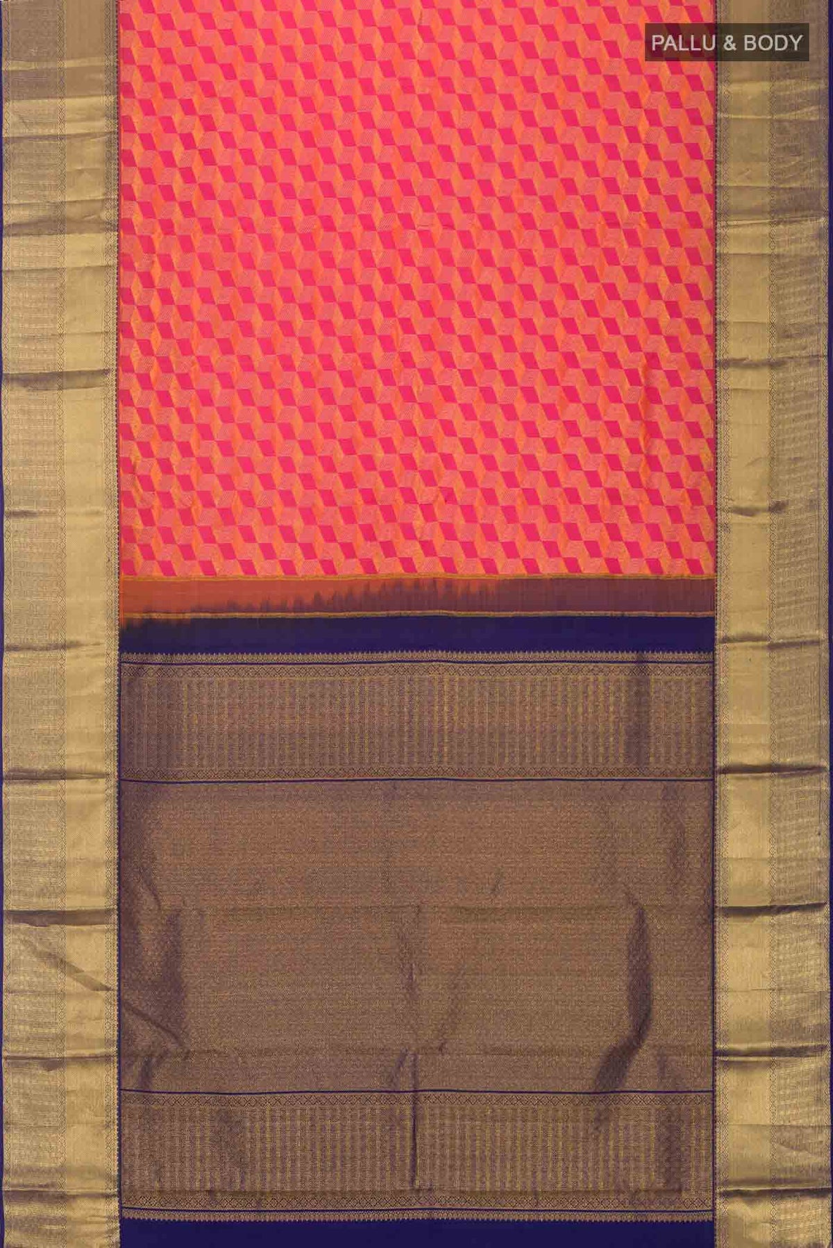 Flat view of Pink with Orange Dual Tone Kanchipuram Silk Saree with Zari Brocade on the body and Zari Border