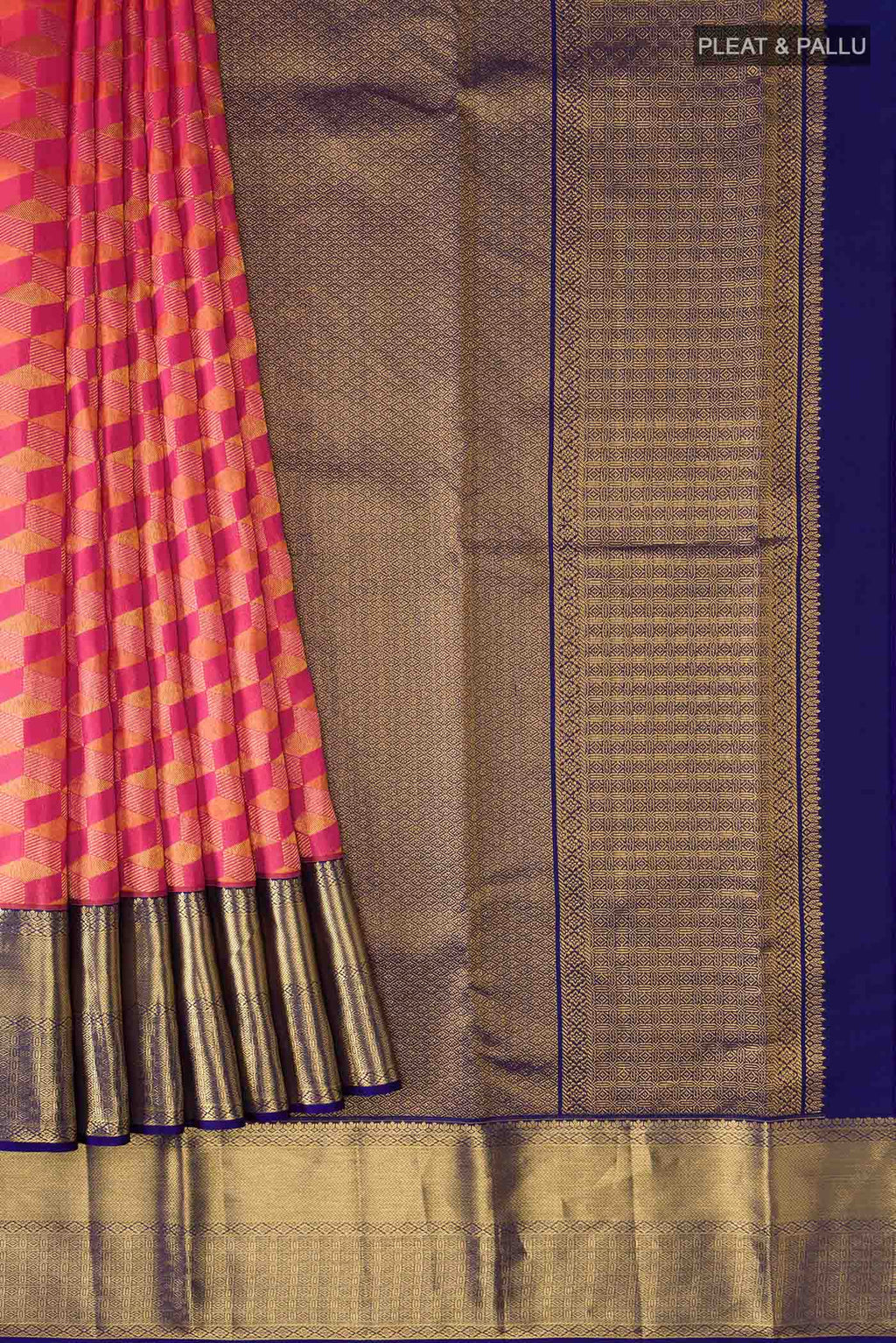 Pleats and pallu of Pink with Orange Dual Tone Kanchipuram Silk Saree with Zari Brocade on the body and Zari Border