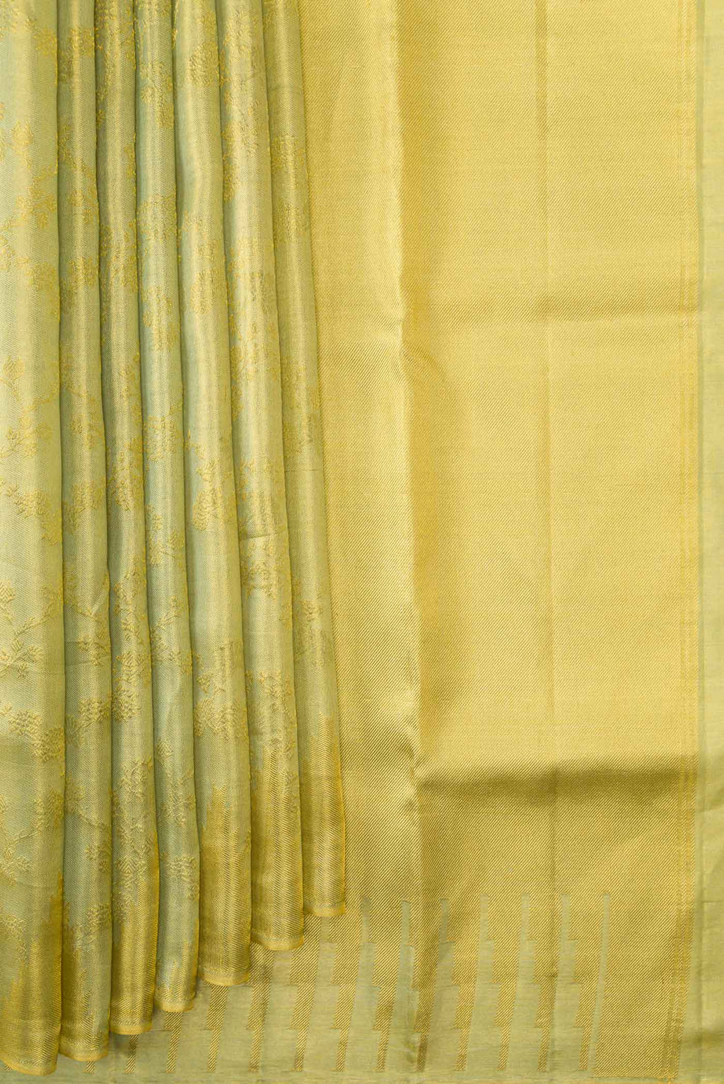 Pleats and pallu of Light Green Dual Tone Kanchipuram Tissue Silk Saree with Zari Brocade on the body and Zari Border