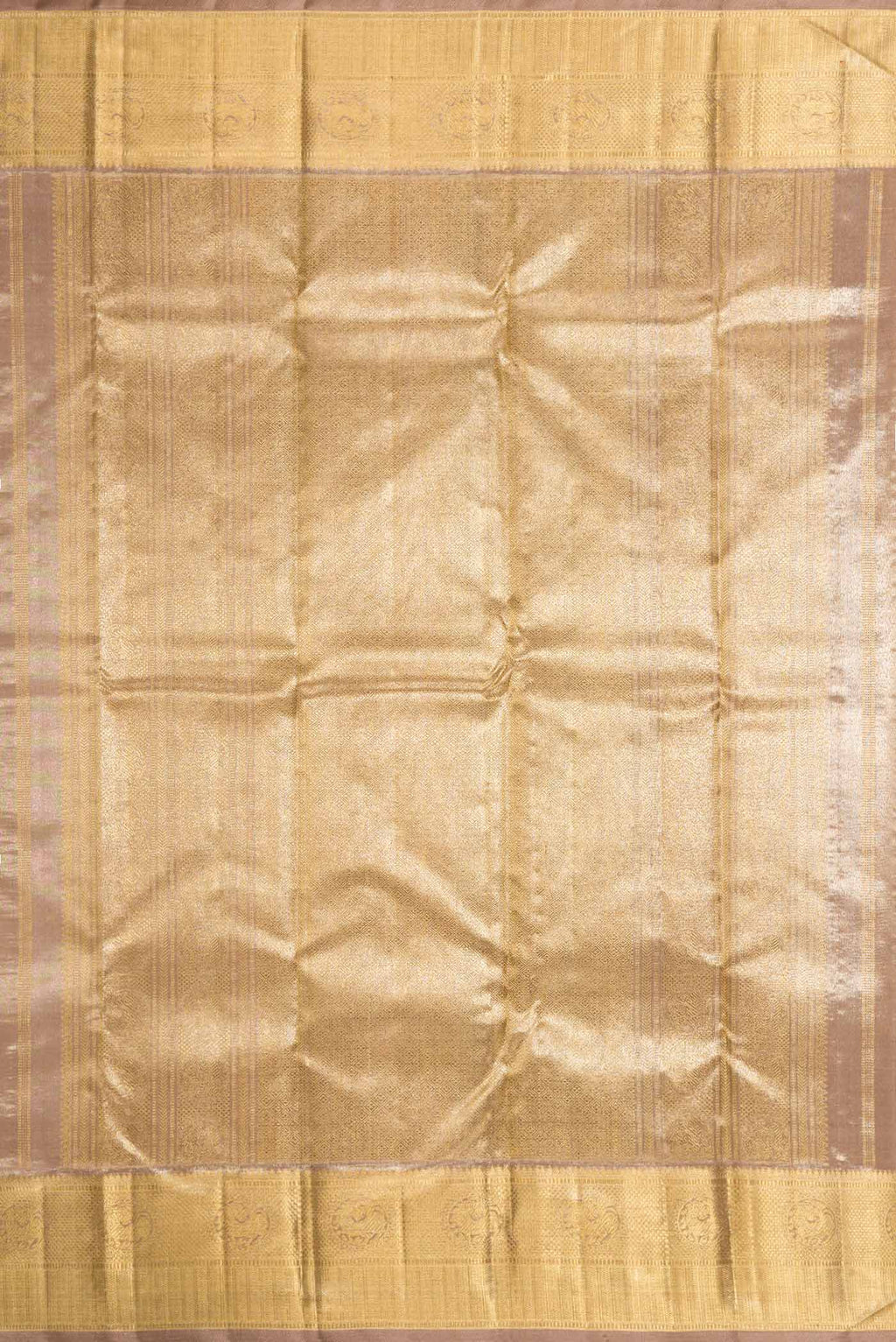 Close up image of the pallu of Pure Silk Pure Zari Dark Beige Dual Tone Kanchipuram Saree with Zari Brocade on the body and Zari Border