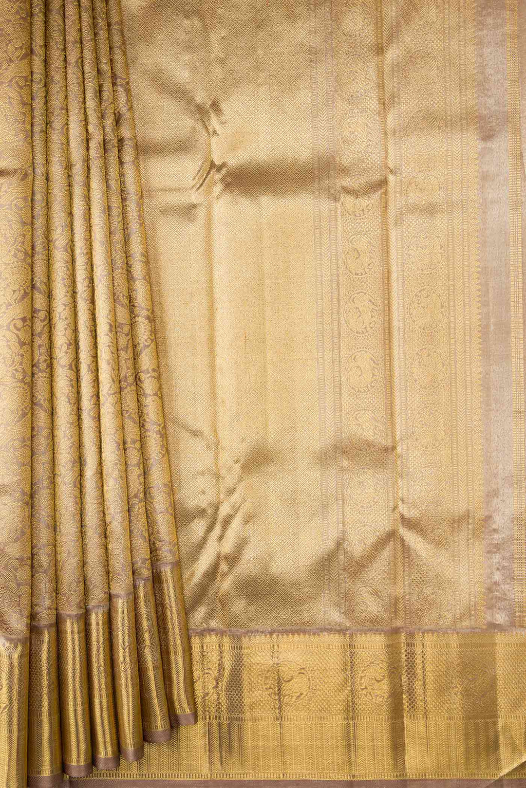 Pleats and pallu of Pure Silk Pure Zari Dark Beige Dual Tone Kanchipuram Saree with Zari Brocade on the body and Zari Border