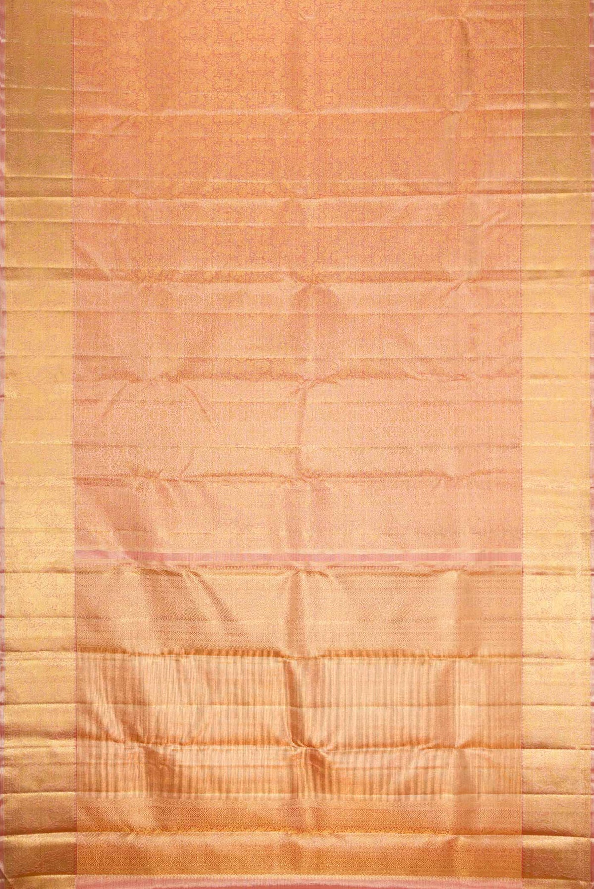 Flat view of Pure Silk Pure Zari Pink Dual Tone Kanchipuram Saree with Zari Brocade on the body and Zari Border