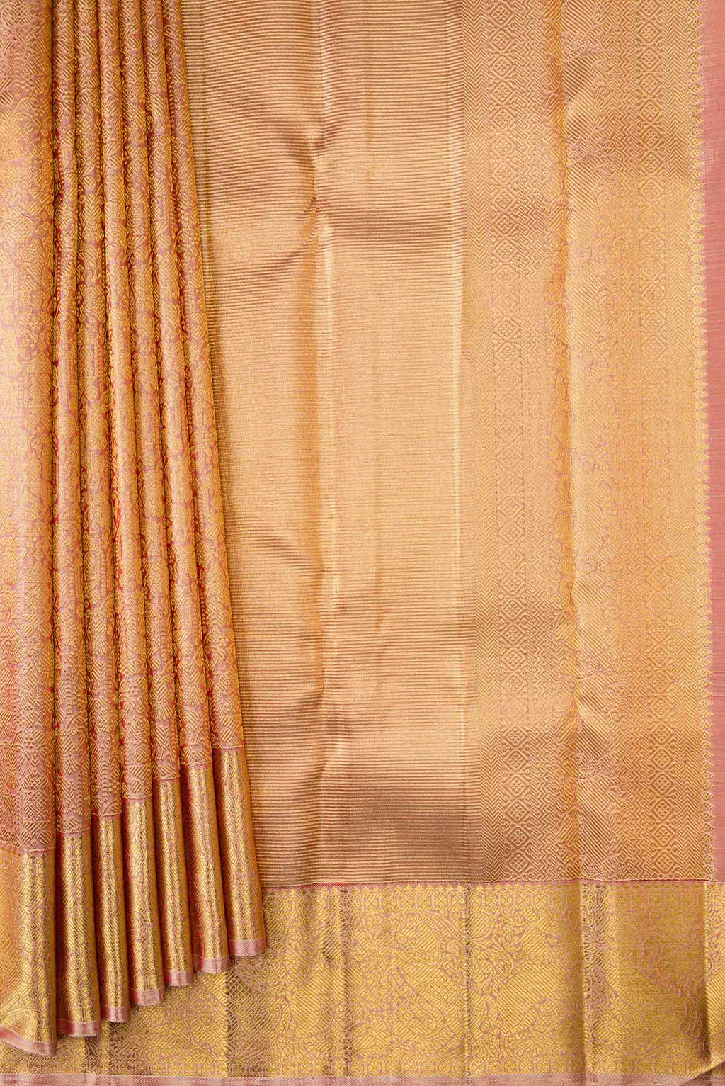 Pleats and pallu of Pure Silk Pure Zari Pink Dual Tone Kanchipuram Saree with Zari Brocade on the body and Zari Border