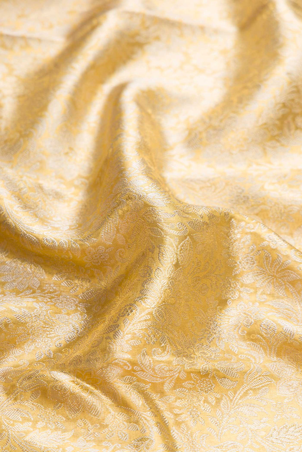 Close up of Pure Silk Pure Zari Gold Dual Tone Kanchipuram Tissue Saree with Zari Brocade on the body and Zari Border displaying folds