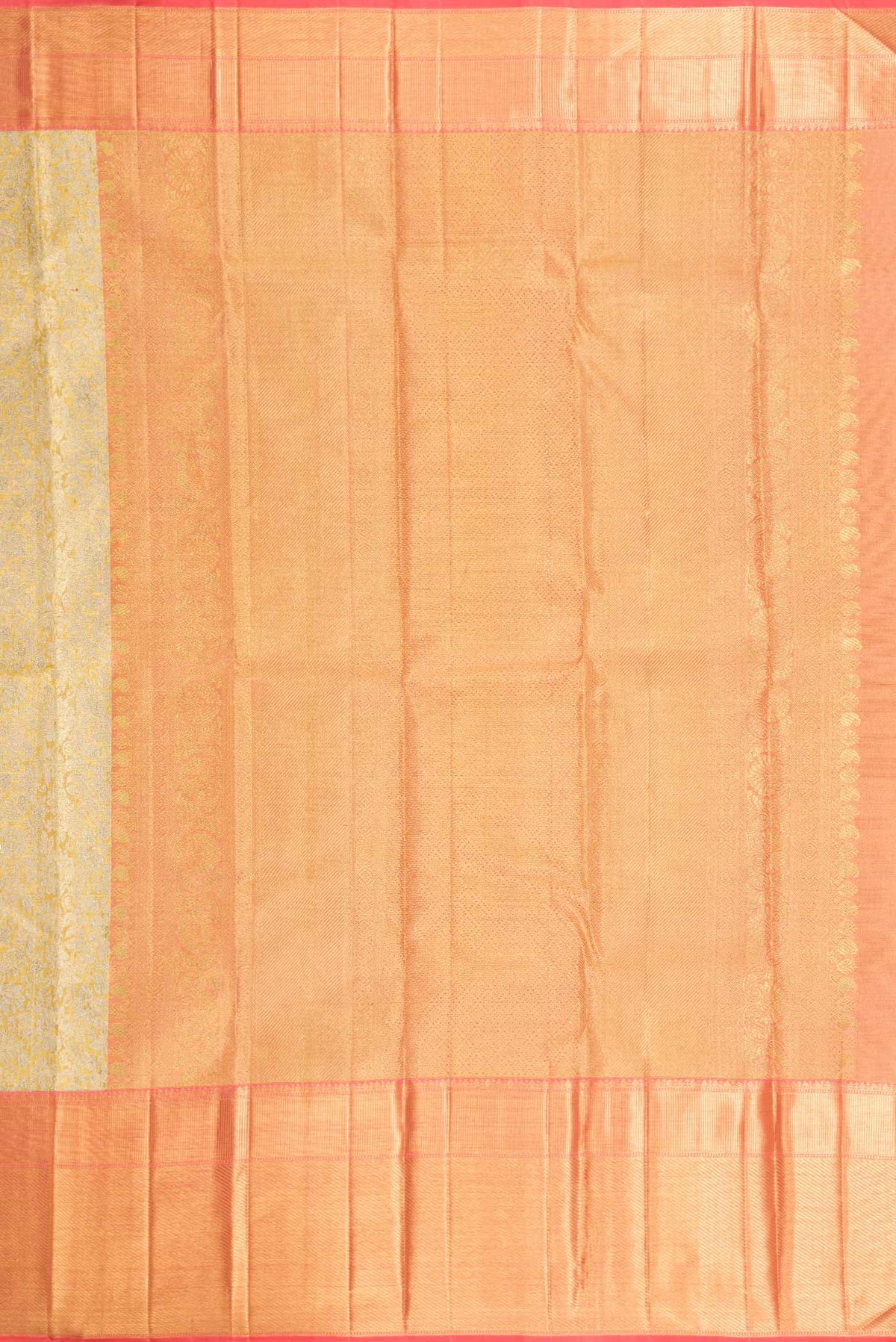 Close up image of the pallu of Pure Silk Pure Zari Gold Dual Tone Kanchipuram Tissue Saree with Zari Brocade on the body and Zari Border