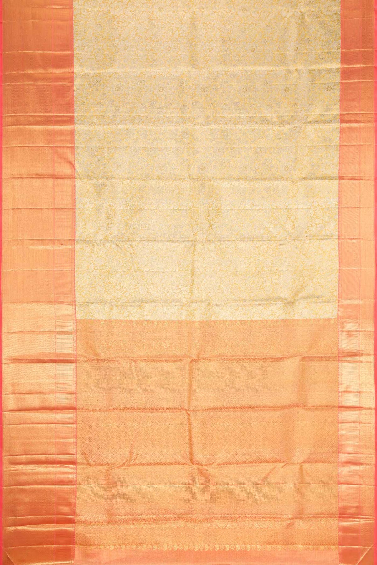 Flat view of Pure Silk Pure Zari Gold Dual Tone Kanchipuram Tissue Saree with Zari Brocade on the body and Zari Border