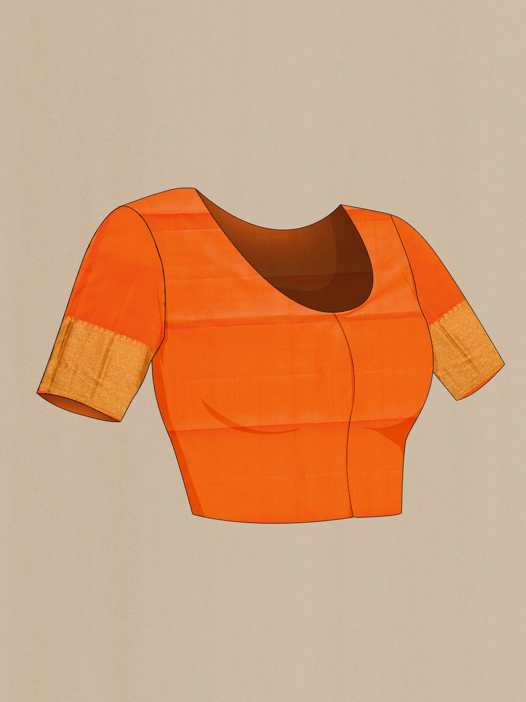 Close up image of the blouse of Pure Silk Pure Zari Orange Dual Tone Kanchipuram Saree with Zari Brocade on the body and Zari Border