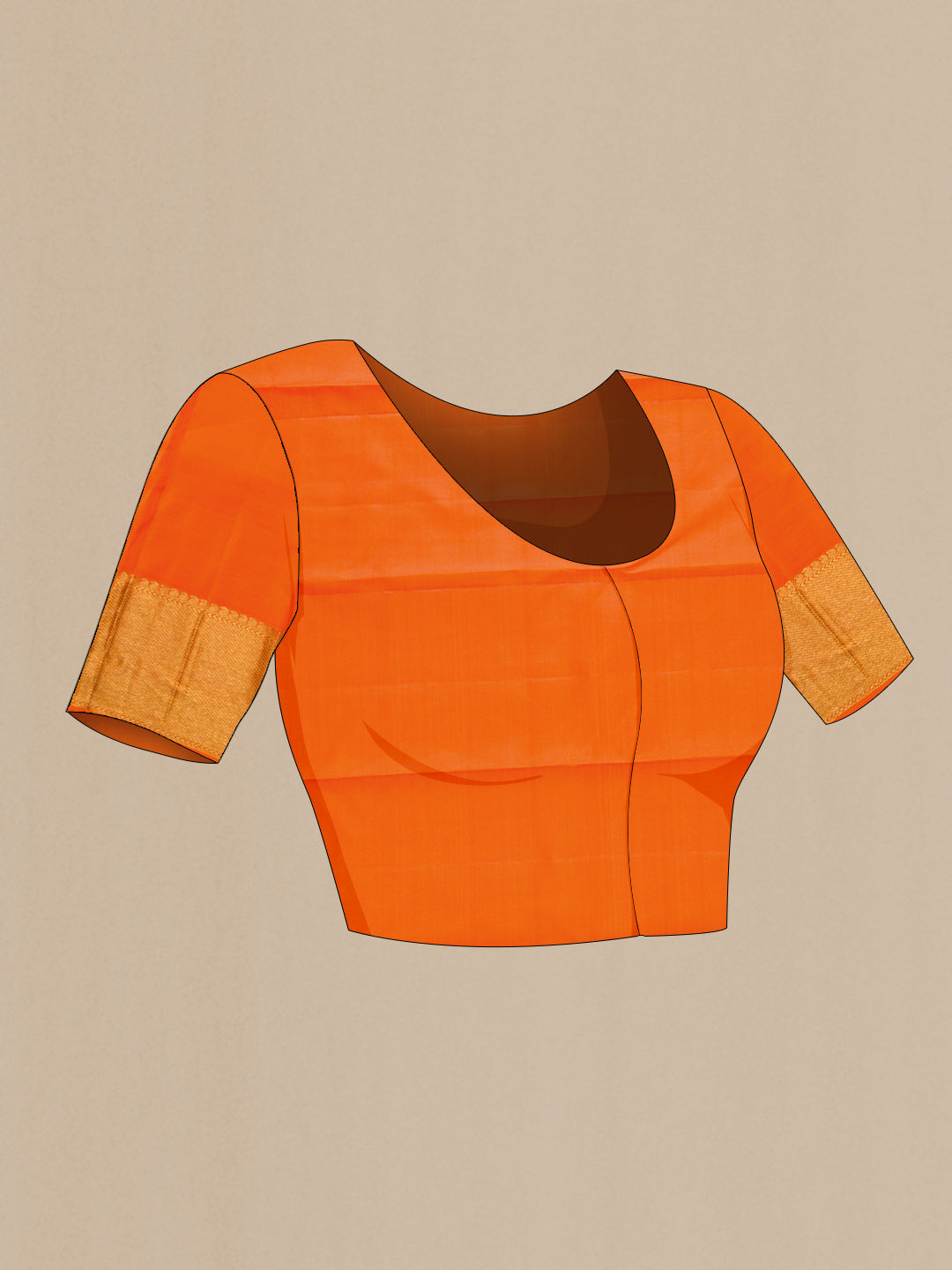 Close up image of the blouse of Pure Silk Pure Zari Orange Dual Tone Kanchipuram Saree with Zari Brocade on the body and Zari Border