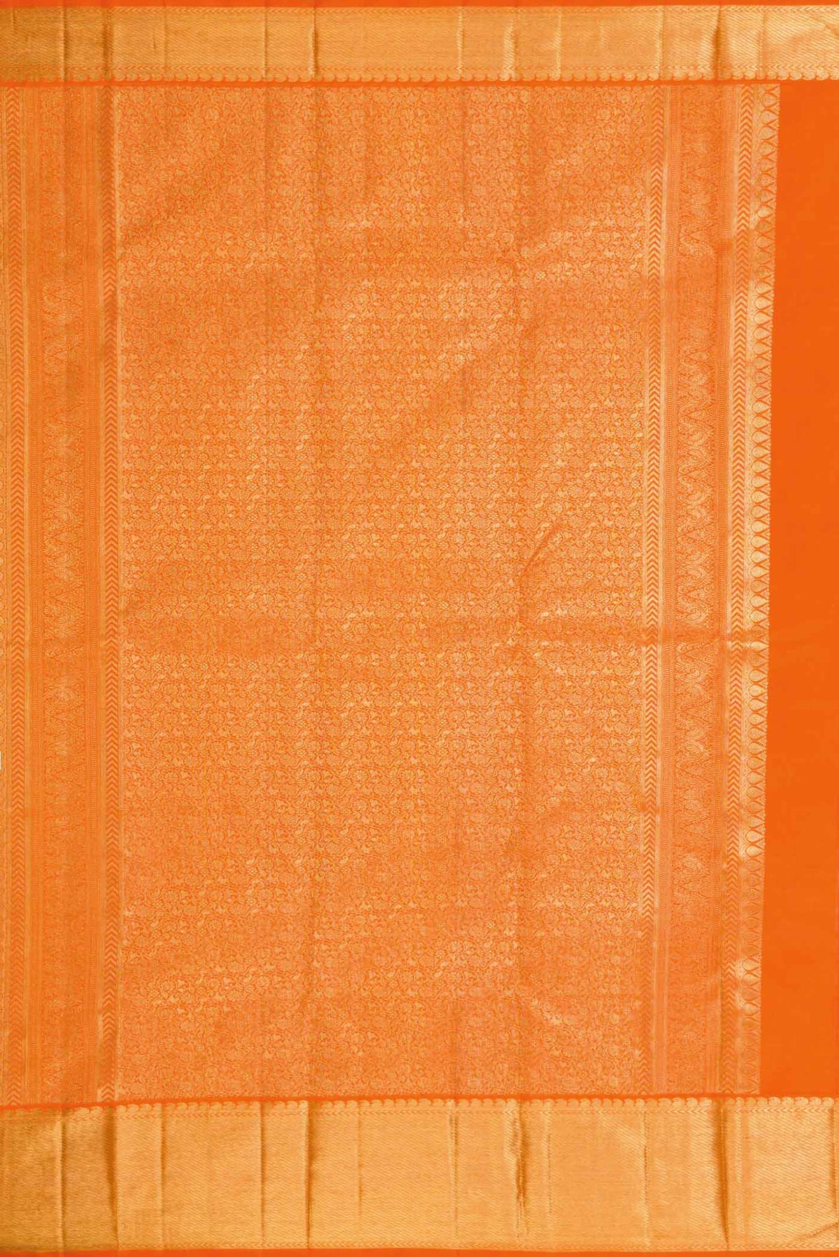 Close up image of the pallu of Pure Silk Pure Zari Orange Dual Tone Kanchipuram Saree with Zari Brocade on the body and Zari Border