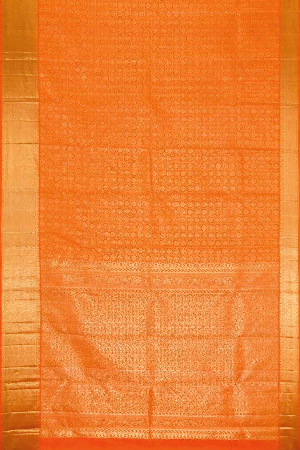 Flat view of Pure Silk Pure Zari Orange Dual Tone Kanchipuram Saree with Zari Brocade on the body and Zari Border