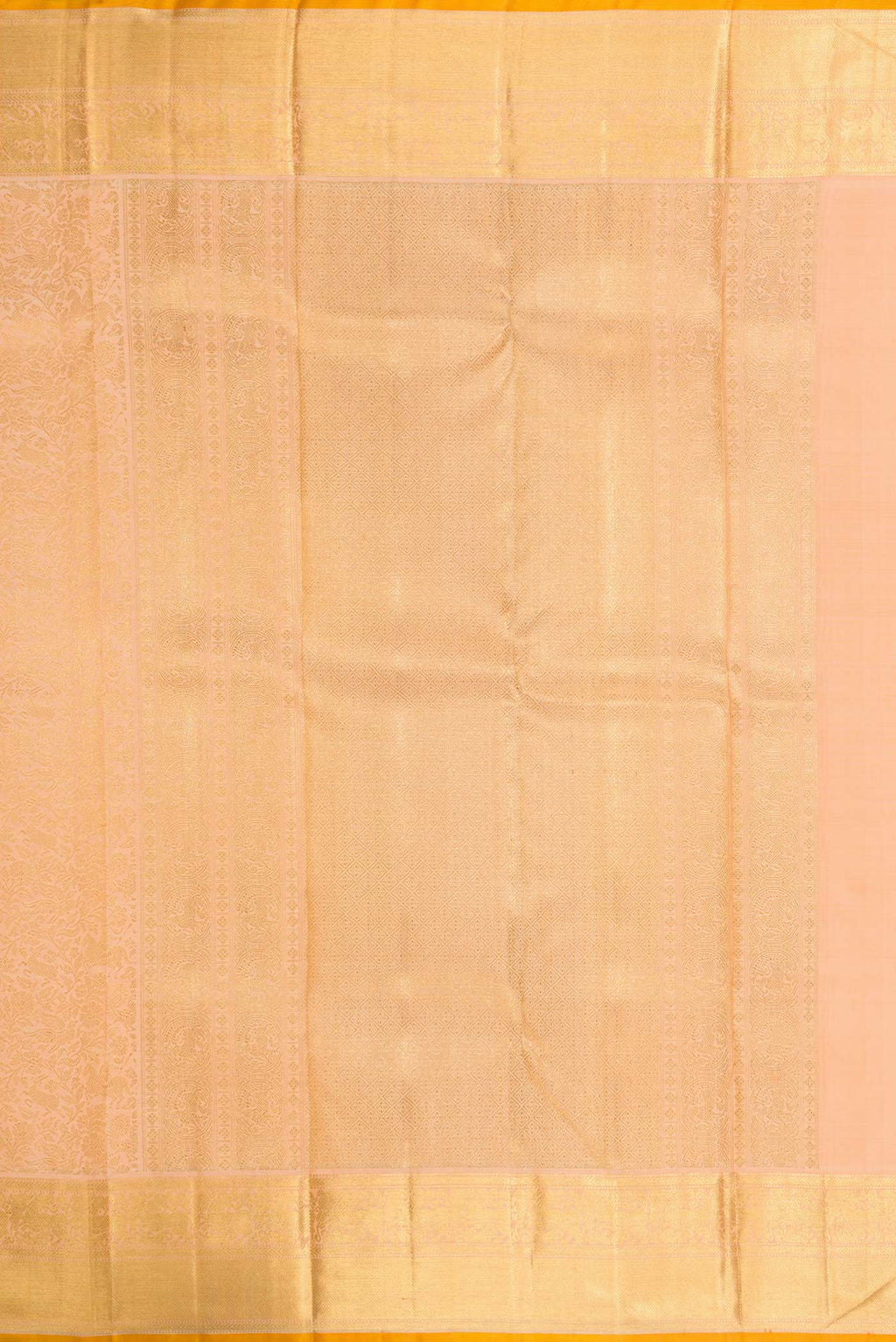 Close up image of the pallu of Pure Silk Pure Zari Golden Peach Dual Tone Kanchipuram Saree with Zari Brocade on the body and Zari Border