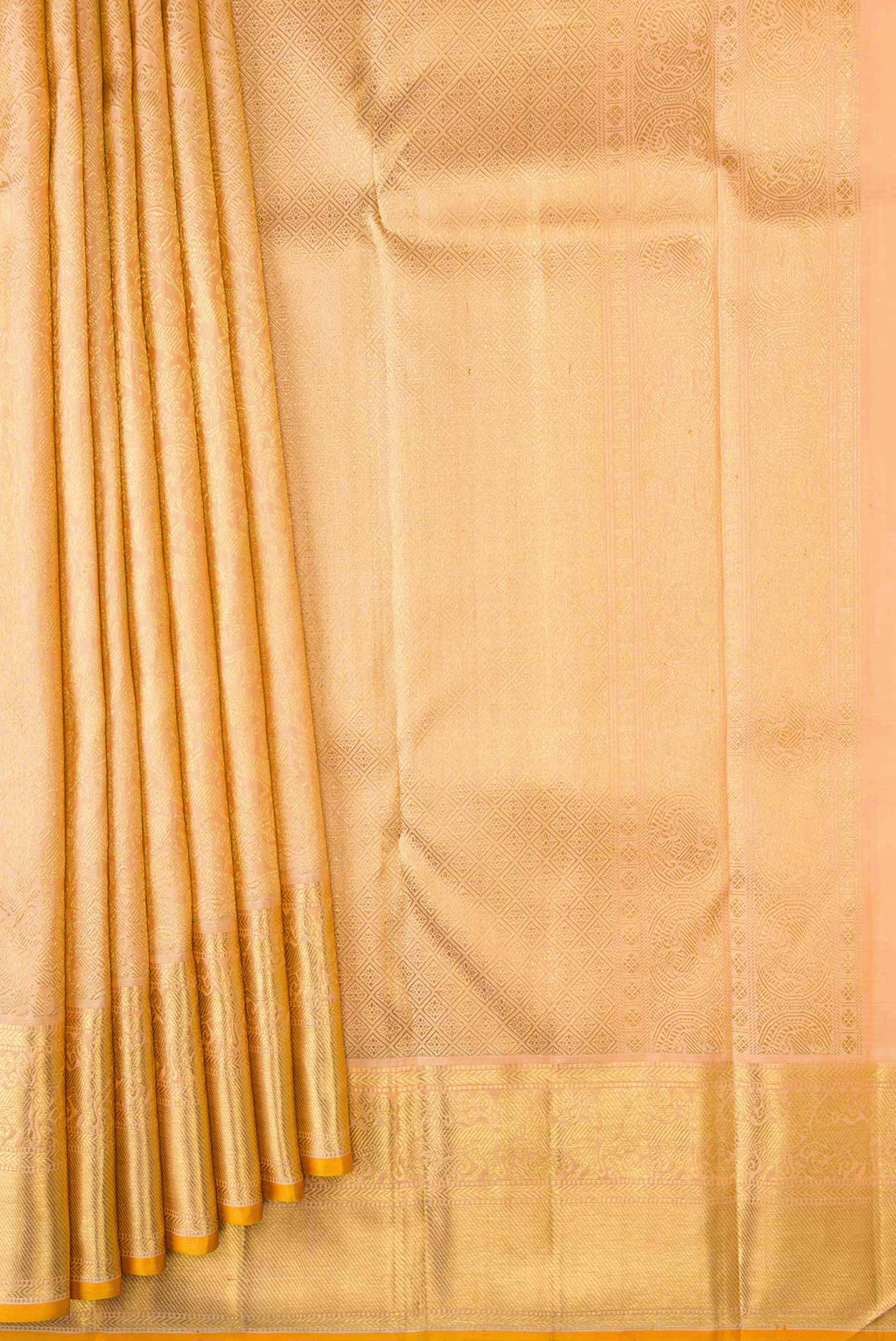 Pleats and pallu of Pure Silk Pure Zari Golden Peach Dual Tone Kanchipuram Saree with Zari Brocade on the body and Zari Border