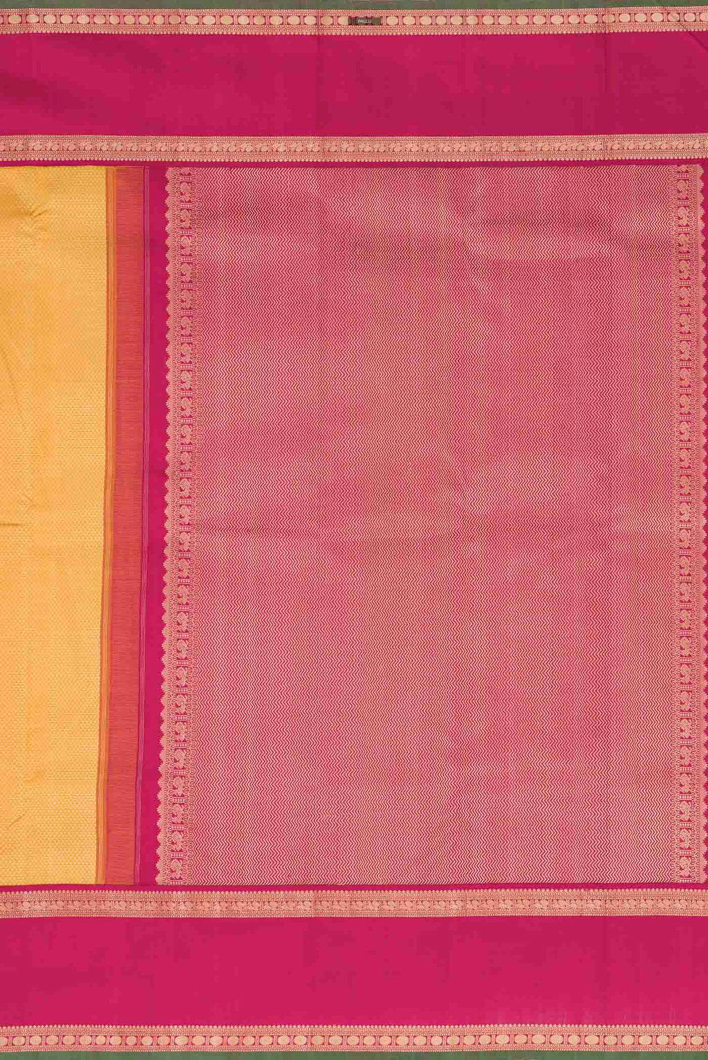 Close up image of the pallu of Yellow Kanchipuram Silk Saree with Jacquard design on the body and Thread Border