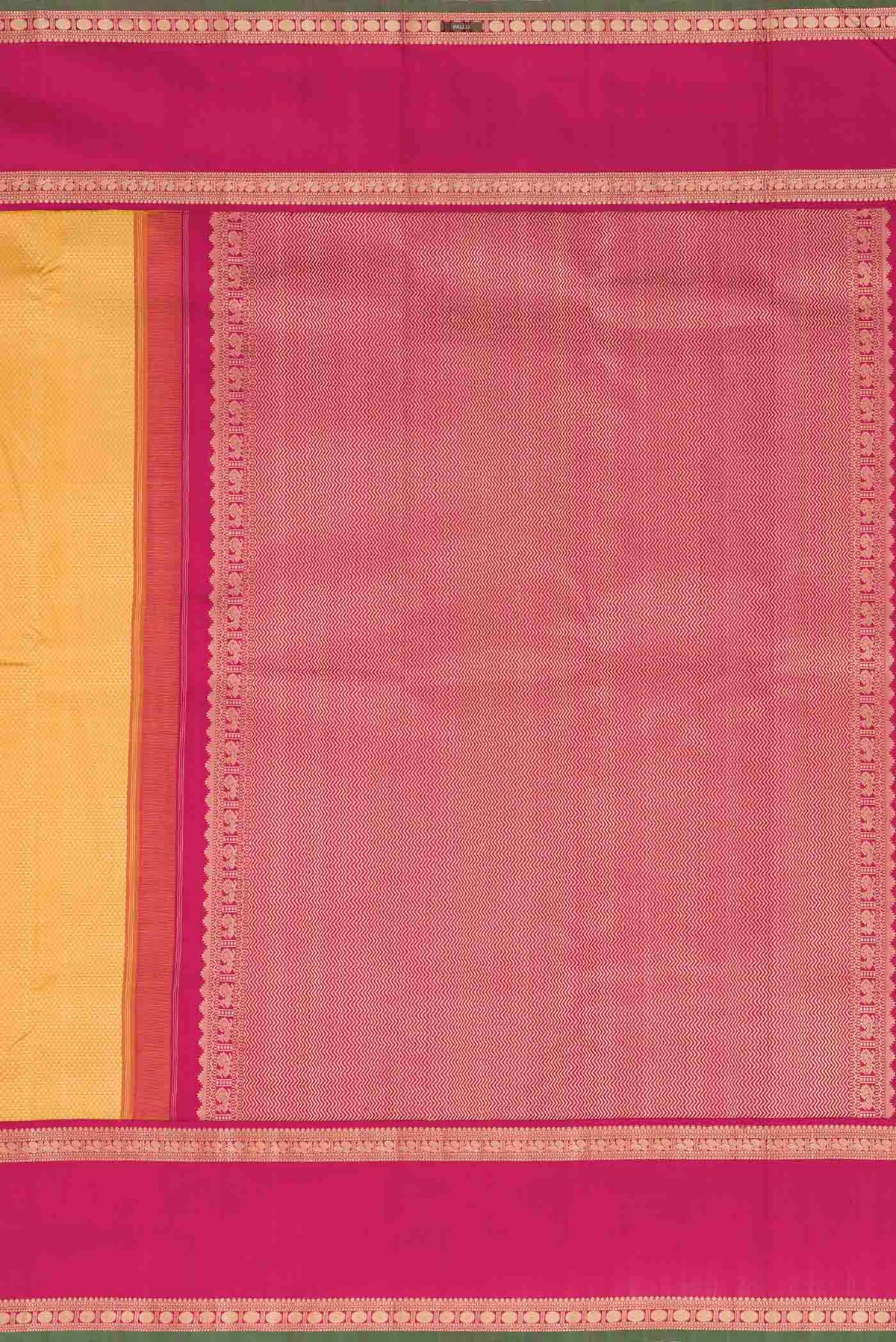 Close up image of the pallu of Yellow Kanchipuram Silk Saree with Jacquard design on the body and Thread Border