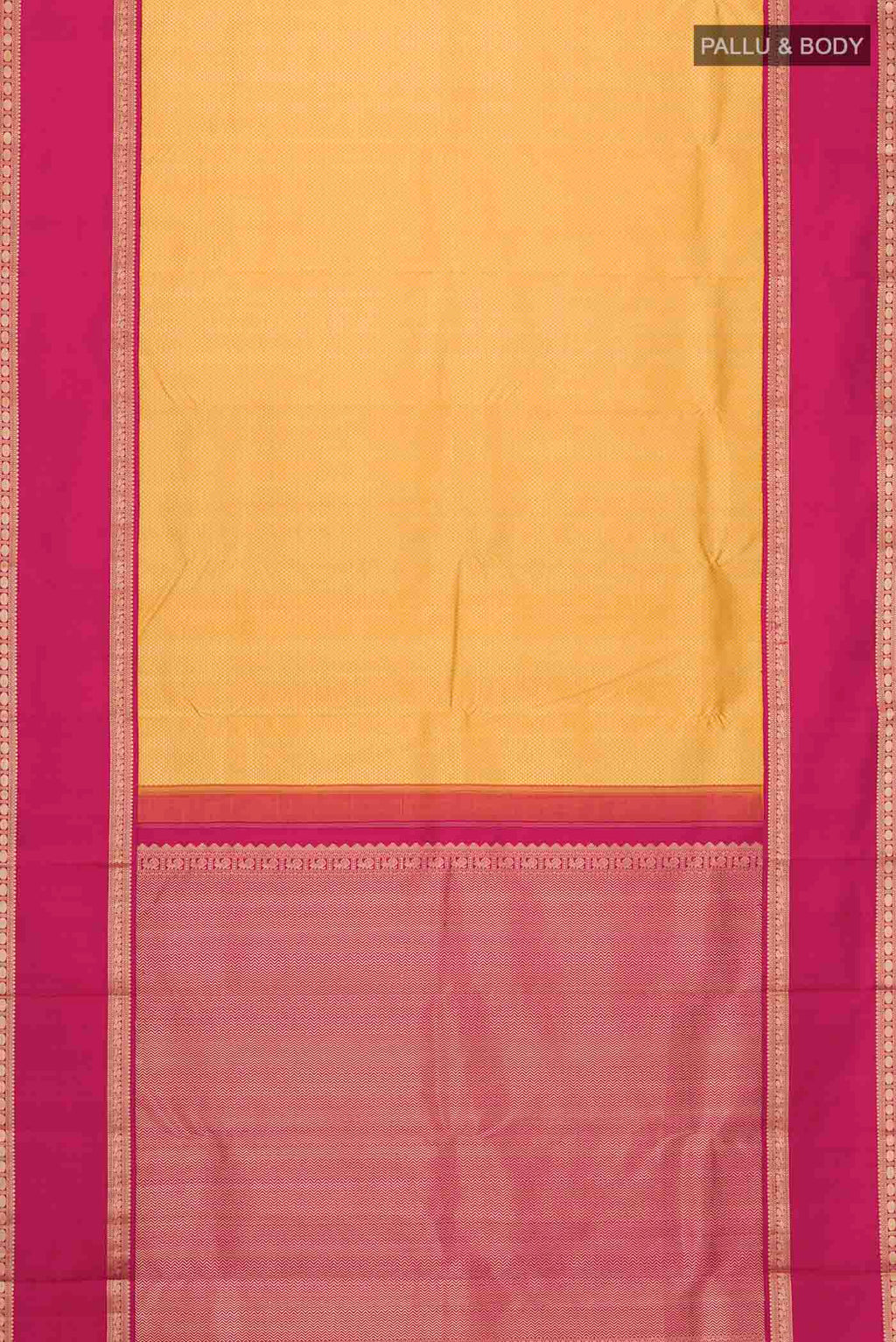 Flat view of Yellow Kanchipuram Silk Saree with Jacquard design on the body and Thread Border