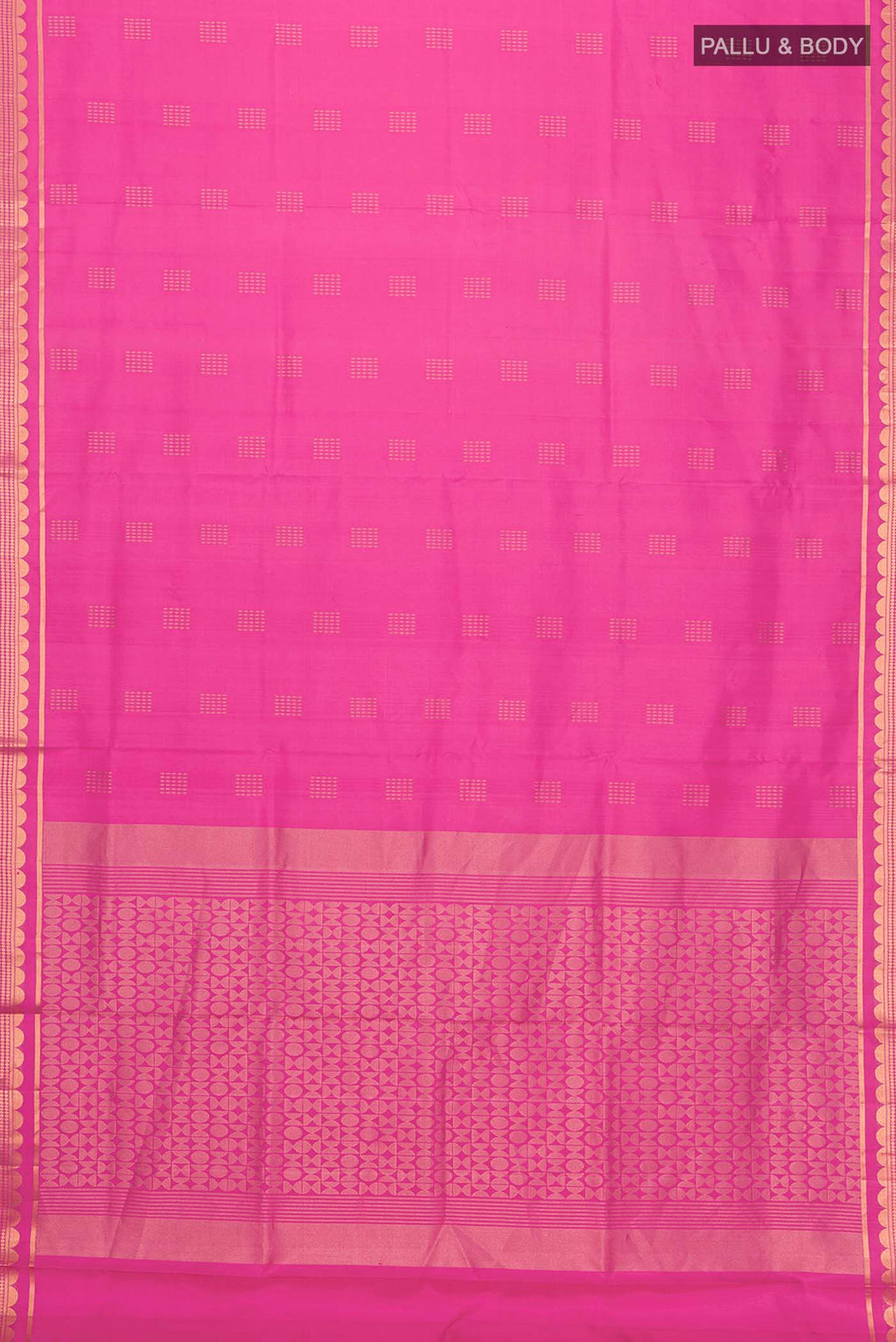 Flat view of Pink Soft Silk Saree with Zari Butta on the body and Zari Border