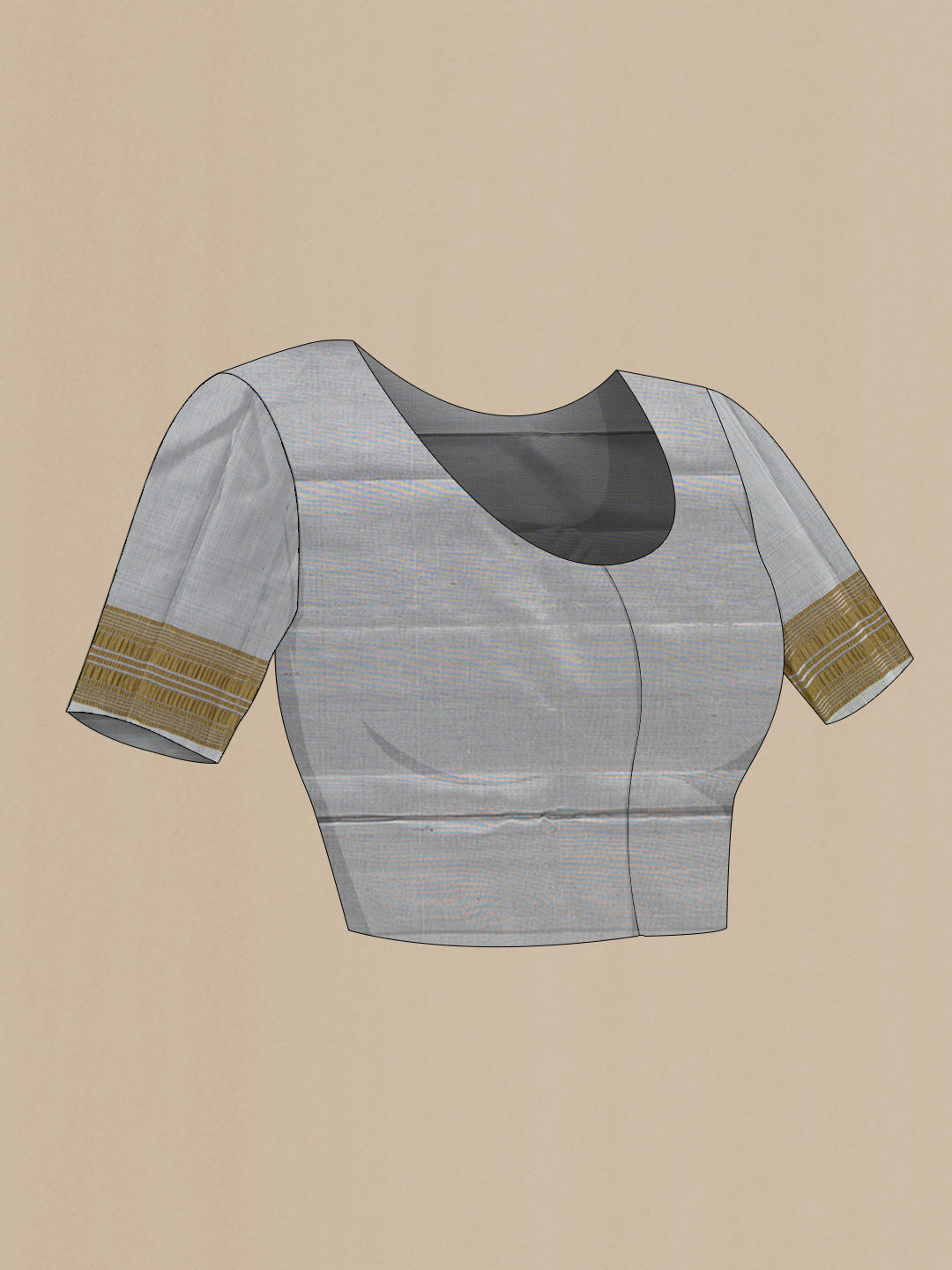 Close up image of the blouse of Grey Dual Tone Soft Silk Saree with Zari Butta on the body and Zari Border