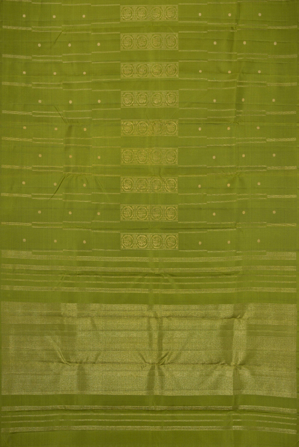 Flat view of Pure Silk Pure Zari Green Dual Tone Kanjivaram Saree with Zari Butta on the body and Without Border. 
