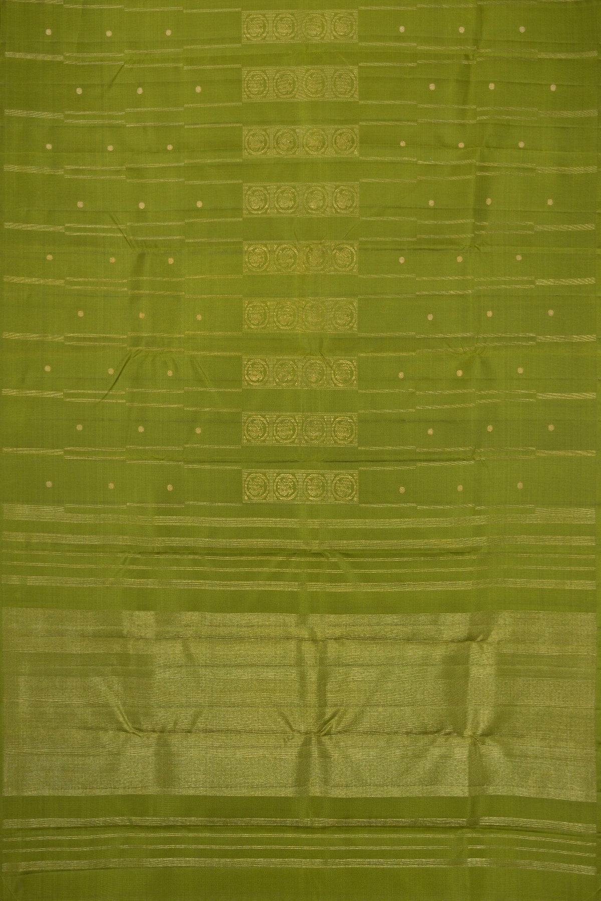 Flat view of Pure Silk Pure Zari Green Dual Tone Kanjivaram Saree with Zari Butta on the body and Without Border. 