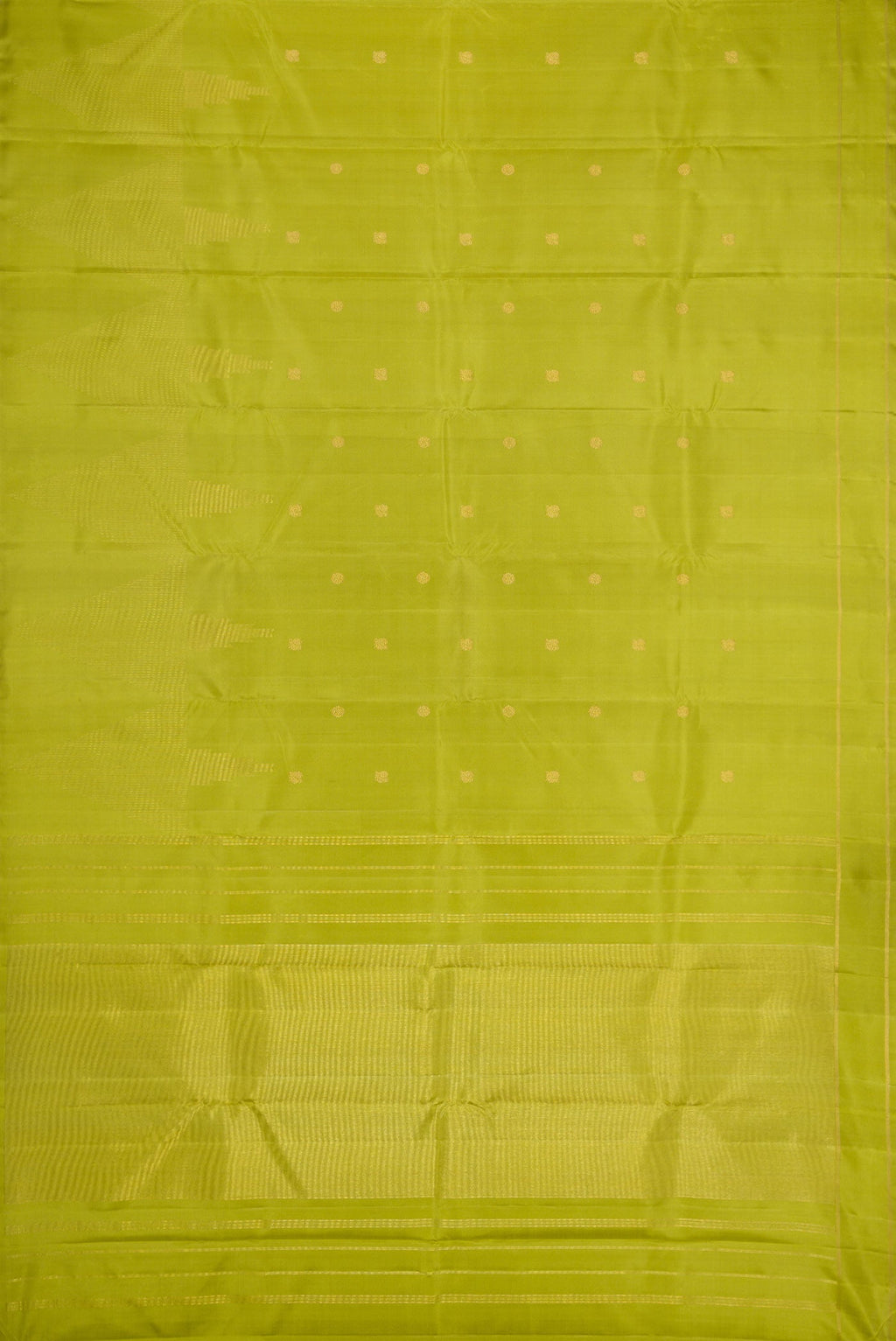 Flat view of Pure Silk Pure Zari Parrot Green Dual Tone Kanchipuram Saree with Zari Butta on the body and Plain Border