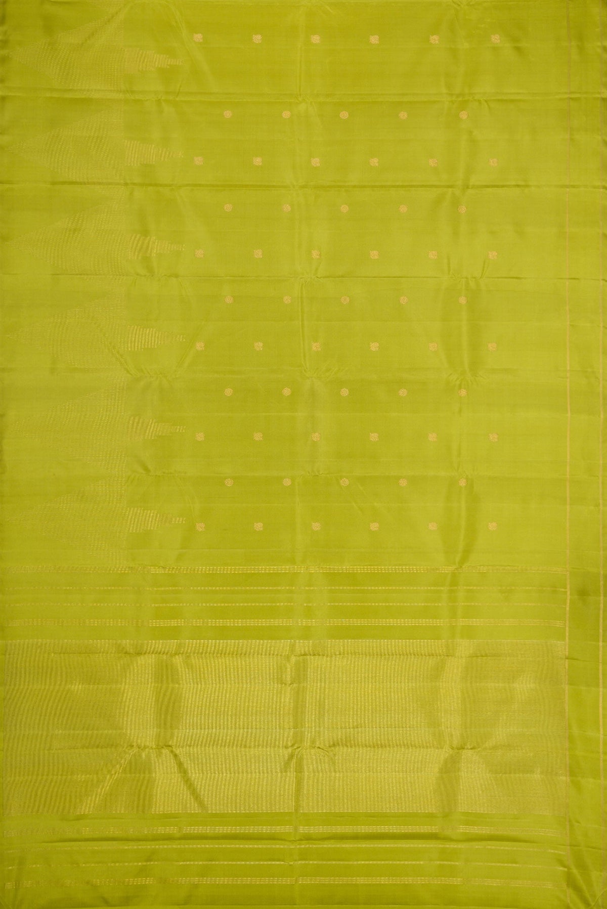 Flat view of Pure Silk Pure Zari Parrot Green Dual Tone Kanchipuram Saree with Zari Butta on the body and Plain Border