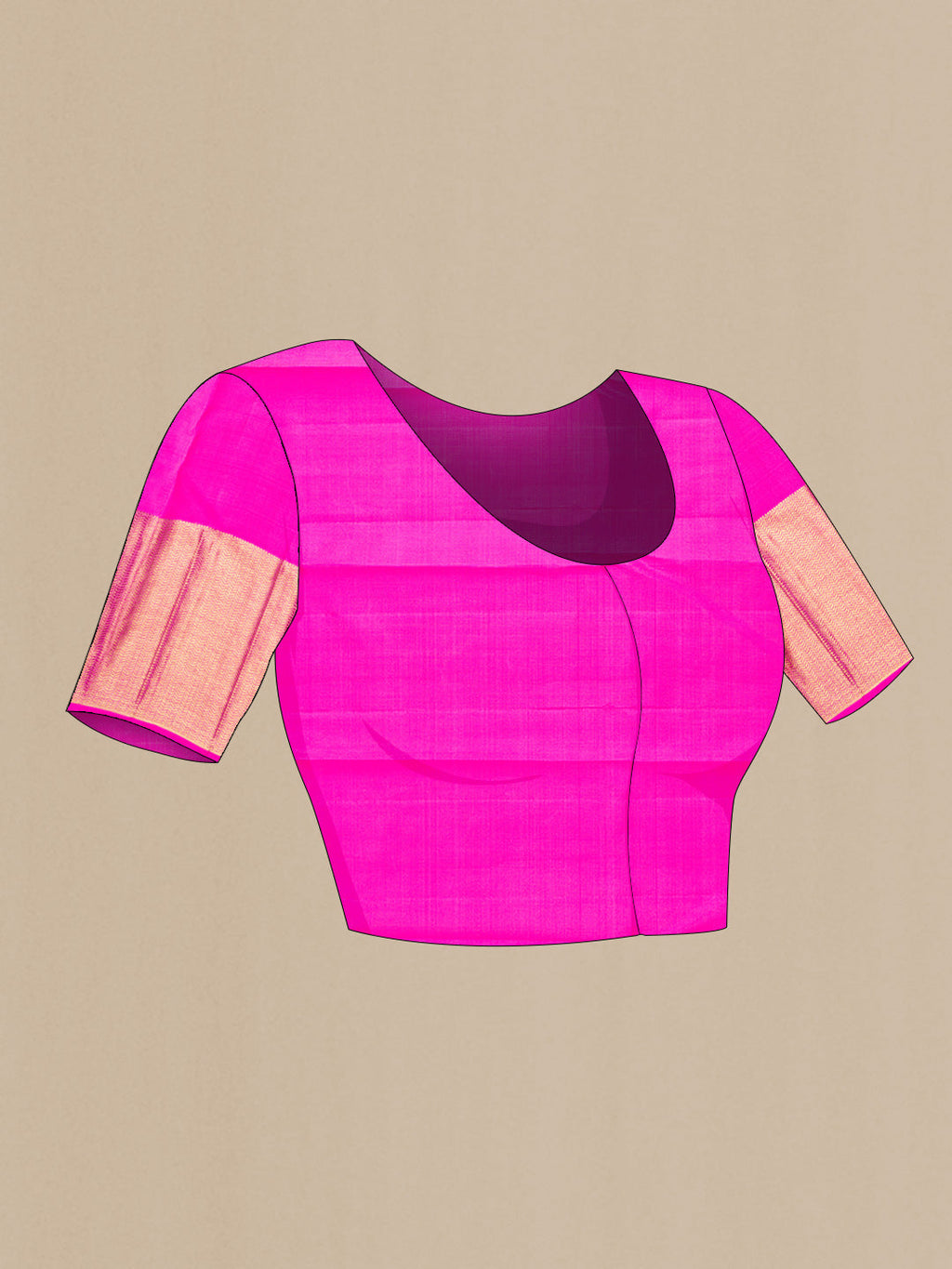 Close up image of the blouse of Pure Silk Pure Zari Pink Dual Tone Kanjivaram Saree with Zari Brocade on the body and Zari Border. 