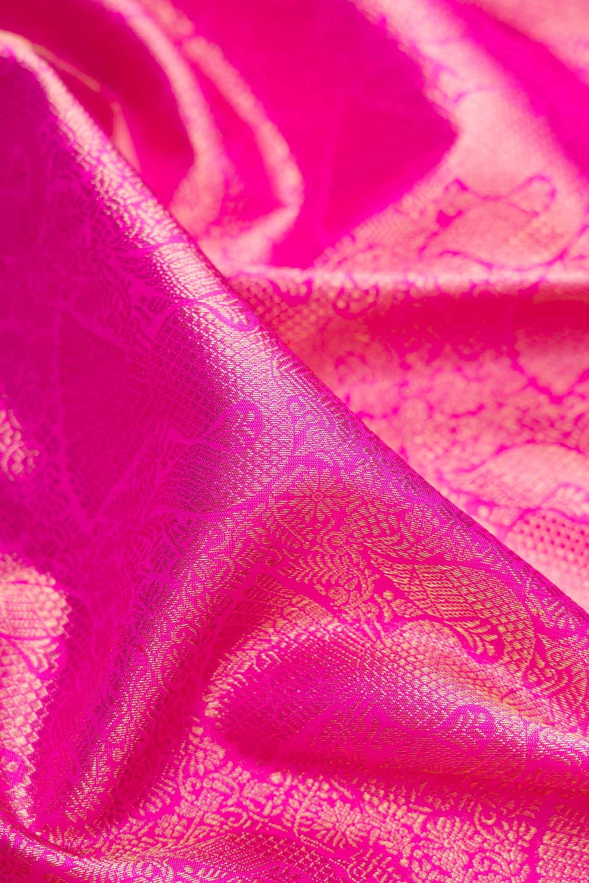 Close up of Pure Silk Pure Zari Pink Dual Tone Kanjivaram Saree with Zari Brocade on the body and Zari Border.  displaying folds
