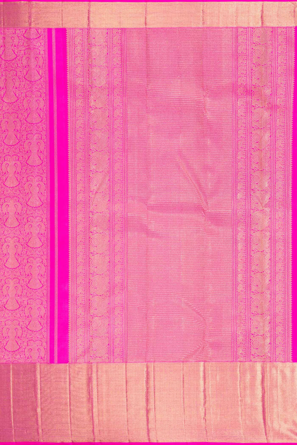 Close up image of the pallu of Pure Silk Pure Zari Pink Dual Tone Kanjivaram Saree with Zari Brocade on the body and Zari Border. 