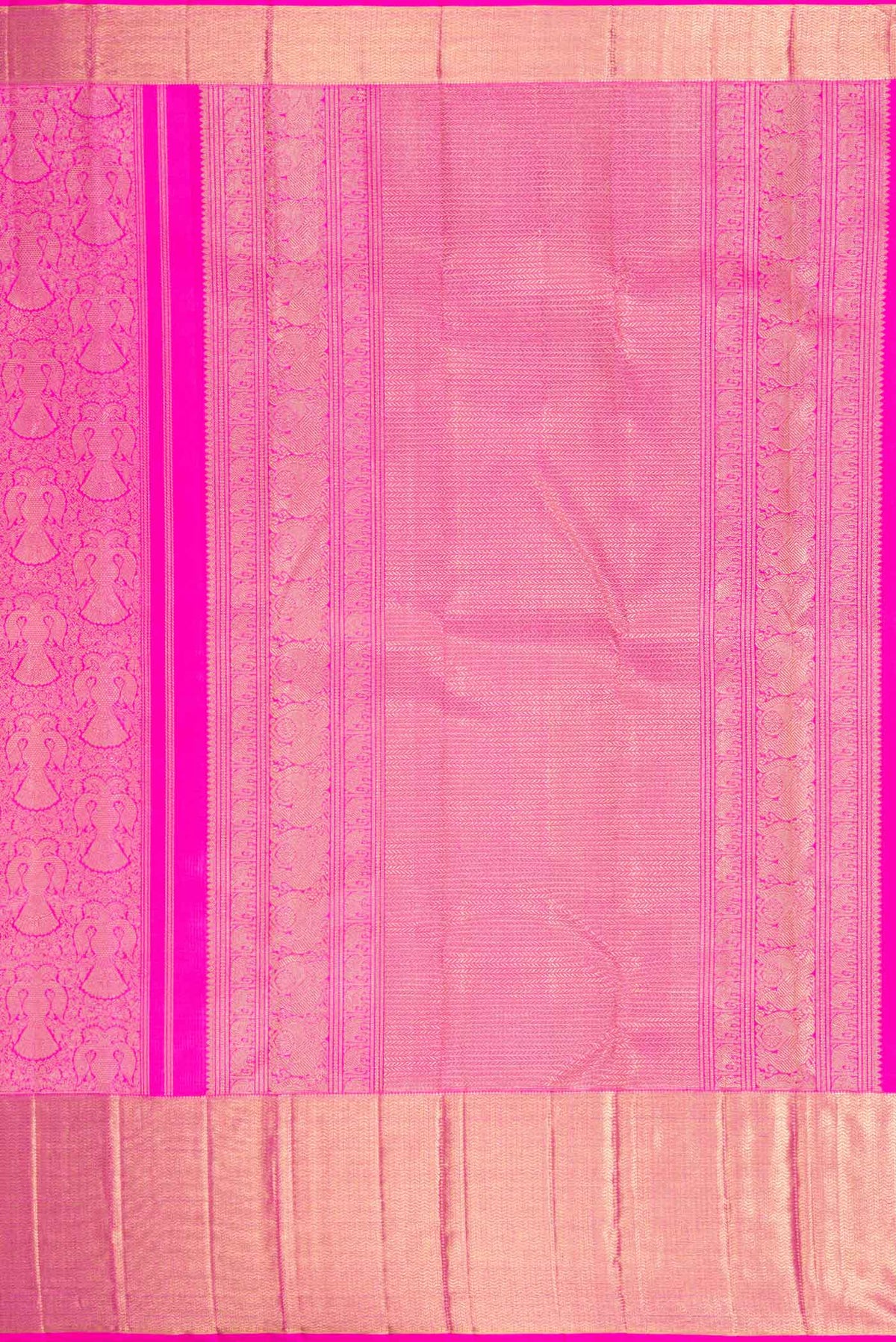 Close up image of the pallu of Pure Silk Pure Zari Pink Dual Tone Kanjivaram Saree with Zari Brocade on the body and Zari Border. 