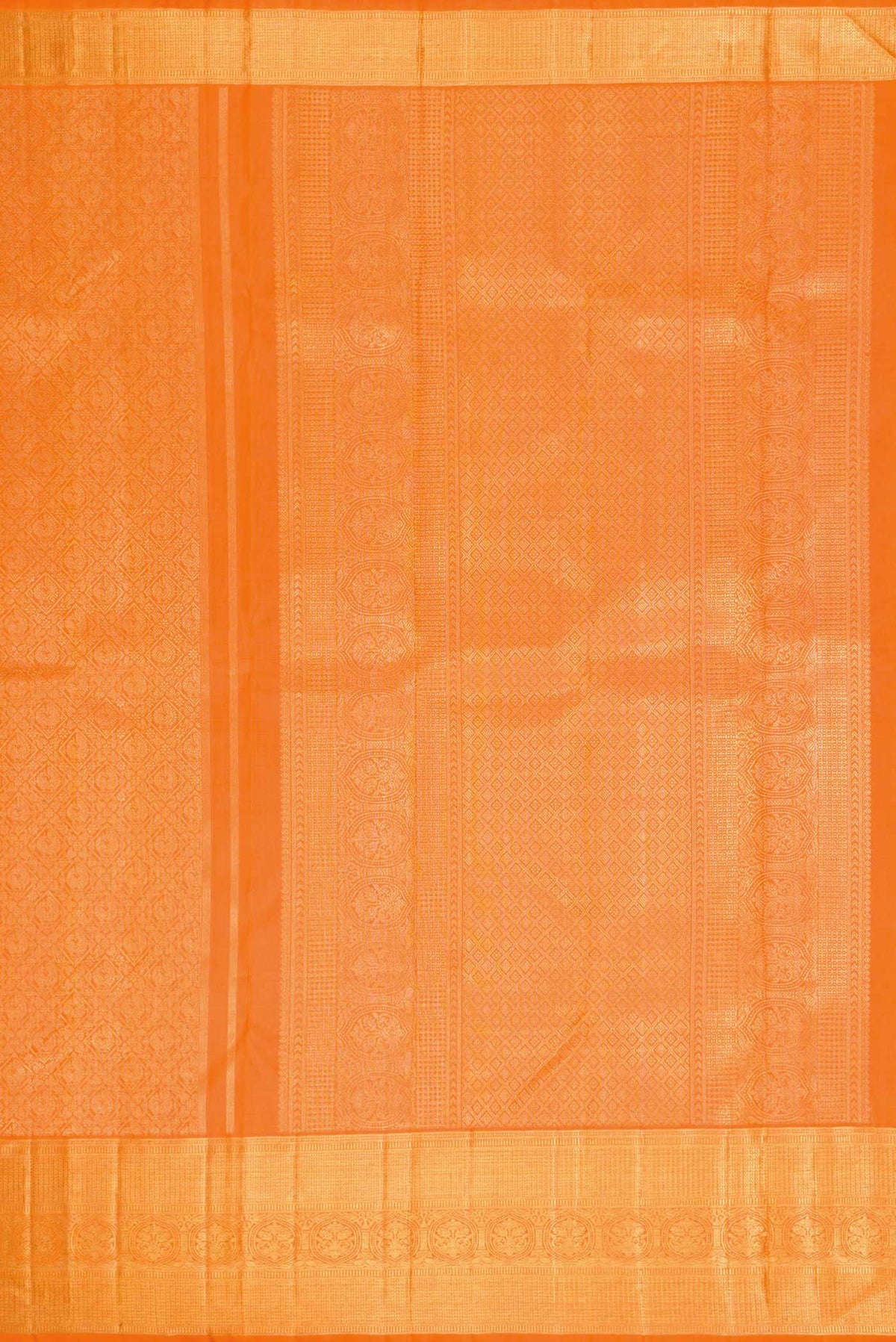 Close up image of the pallu of Pure Silk Pure Zari Orange Dual Tone Kanchipuram Saree with Zari Brocade on the body and Zari Border