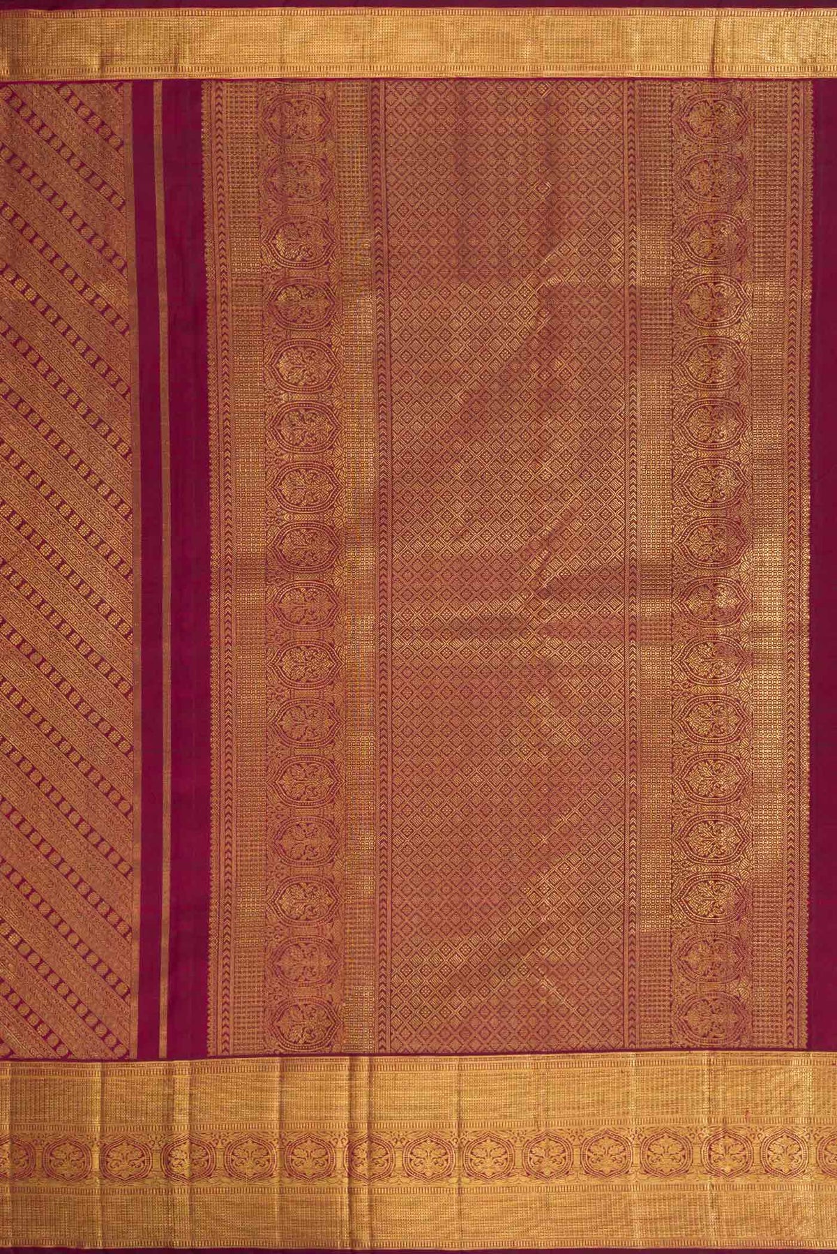 Close up image of the pallu of Pure Silk Pure Zari Maroon Dual Tone Kanjivaram Saree with Zari Brocade on the body and Zari Border. 