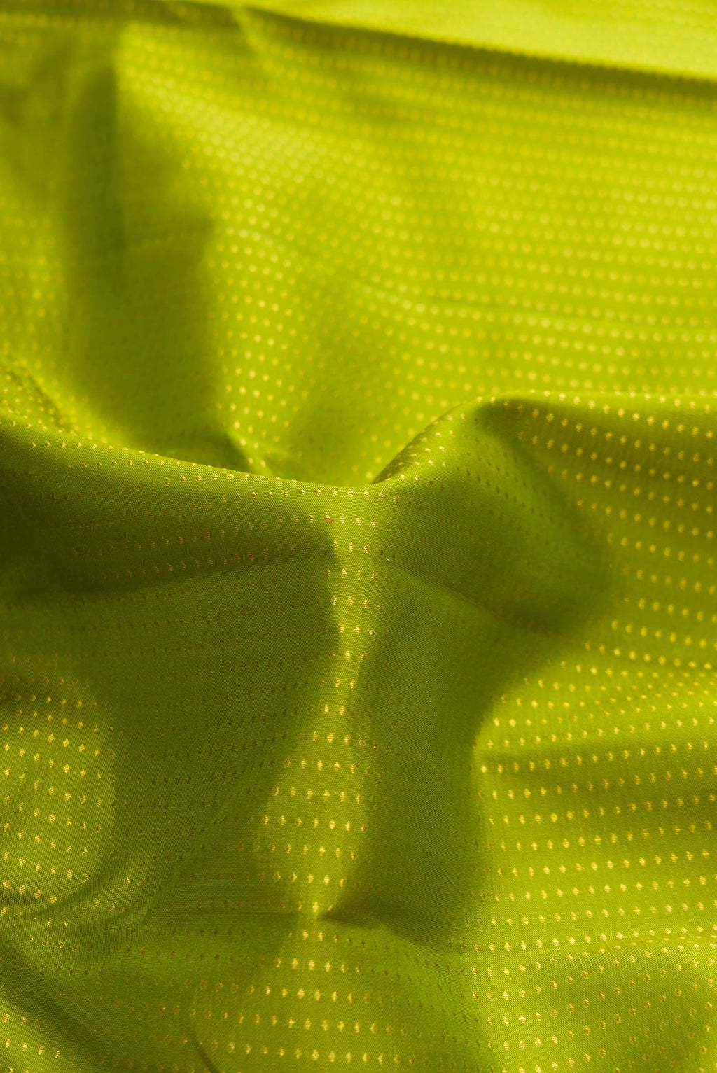 Close up of Parrot Green Dual Tone Kanchipuram Silk Saree with Stripes on the body and Zari Border displaying folds