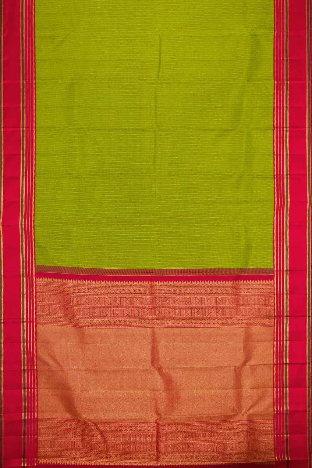 Flat view of Parrot Green Dual Tone Kanchipuram Silk Saree with Stripes on the body and Zari Border