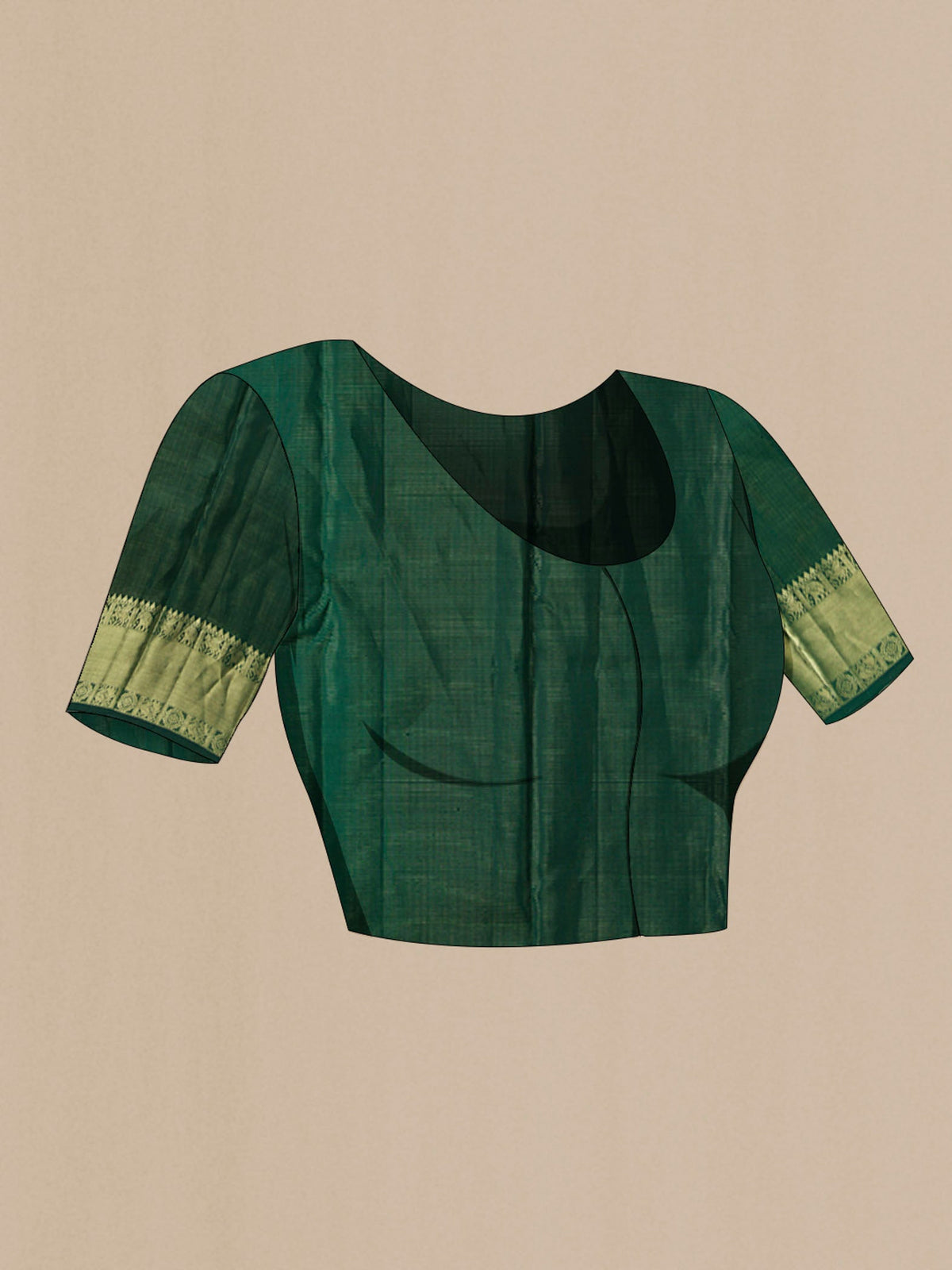 Close up image of the blouse of Green Kanchipuram Silk Saree with Zari Butta on the body and Zari Border