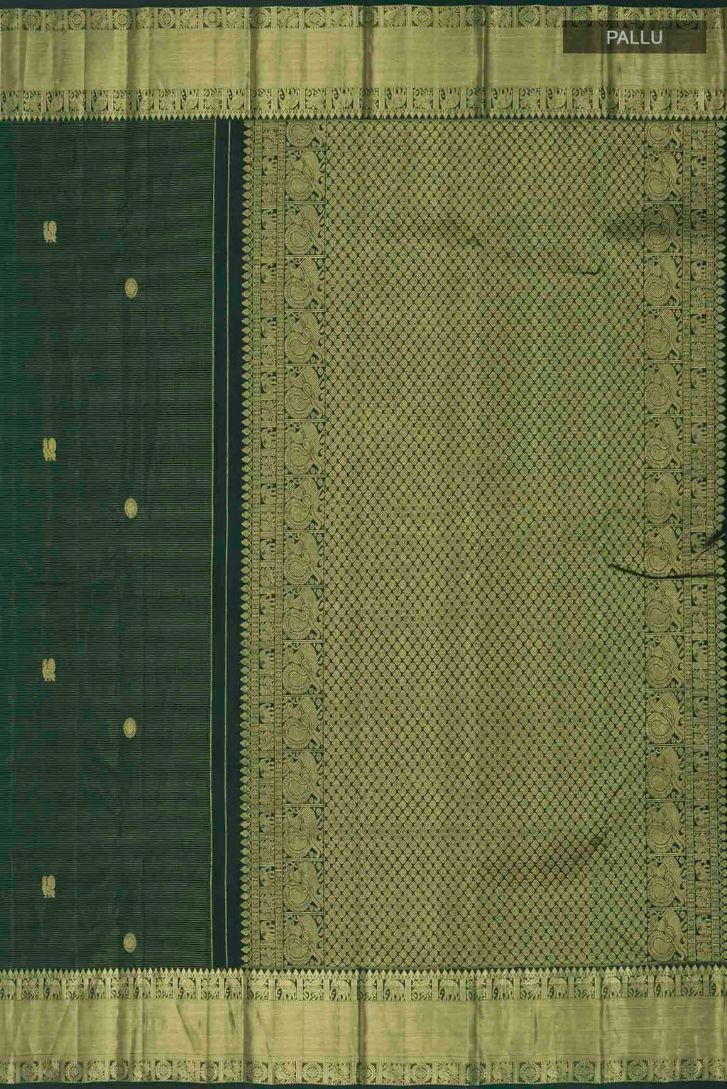 Close up image of the pallu of Green Kanchipuram Silk Saree with Zari Butta on the body and Zari Border
