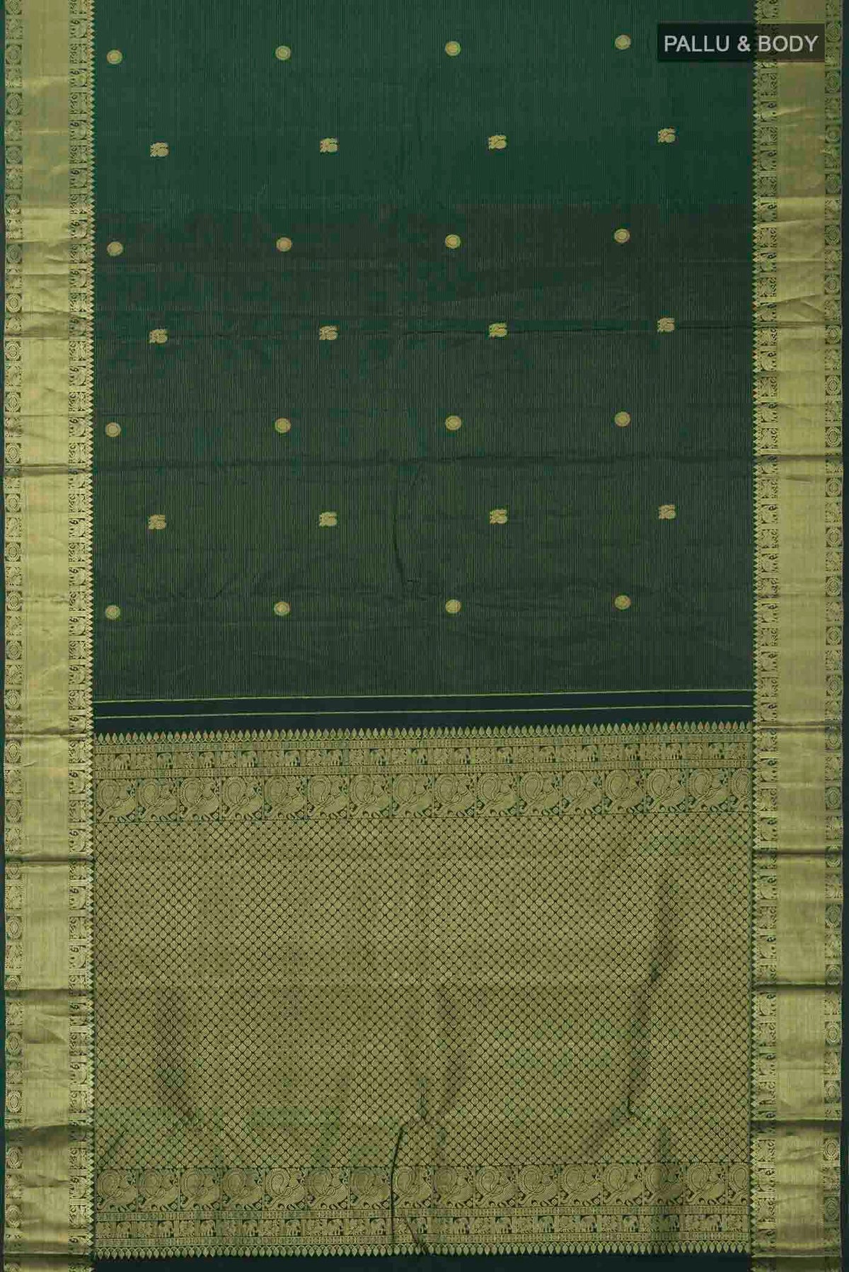 Flat view of Green Kanchipuram Silk Saree with Zari Butta on the body and Zari Border
