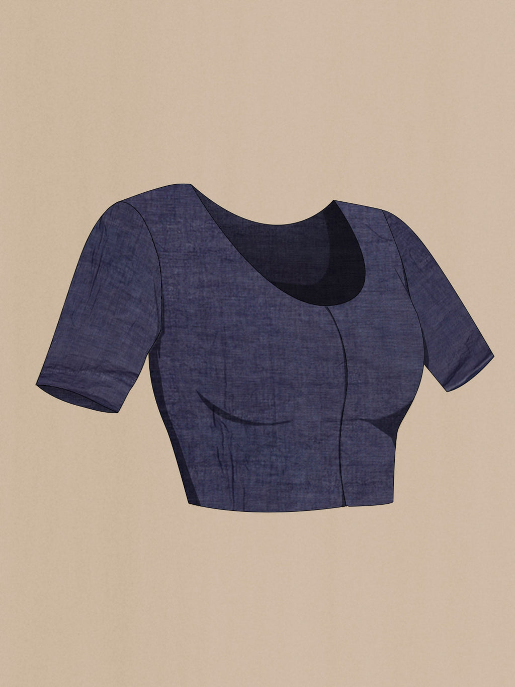 Close up image of the blouse of Navy Blue Cotton Saree with Printed design on the body and Printed Border