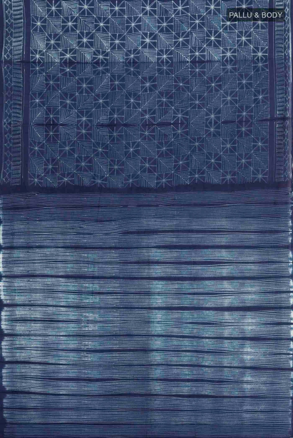 Flat view of Navy Blue Cotton Saree with Printed design on the body and Printed Border