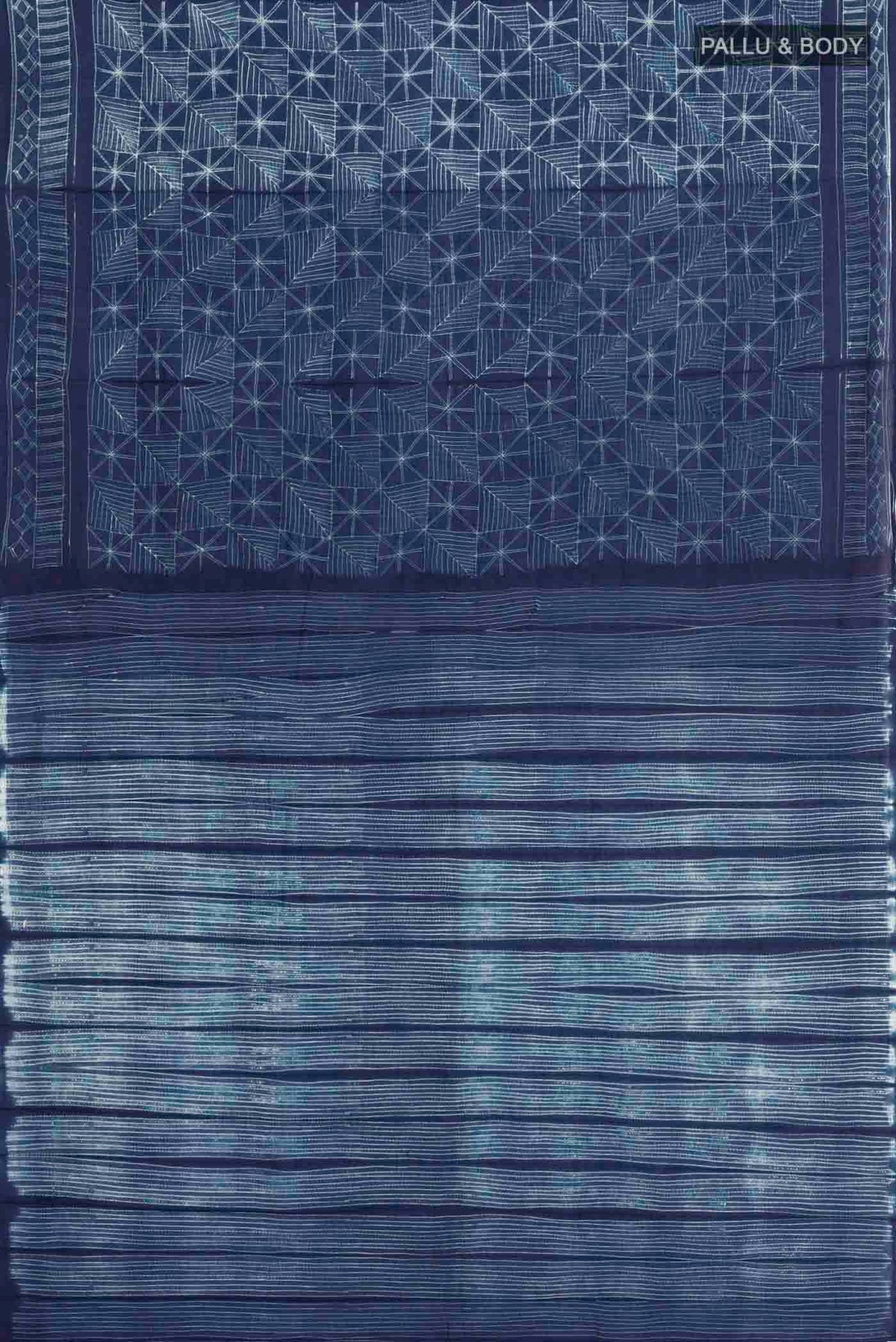 Flat view of Navy Blue Cotton Saree with Printed design on the body and Printed Border