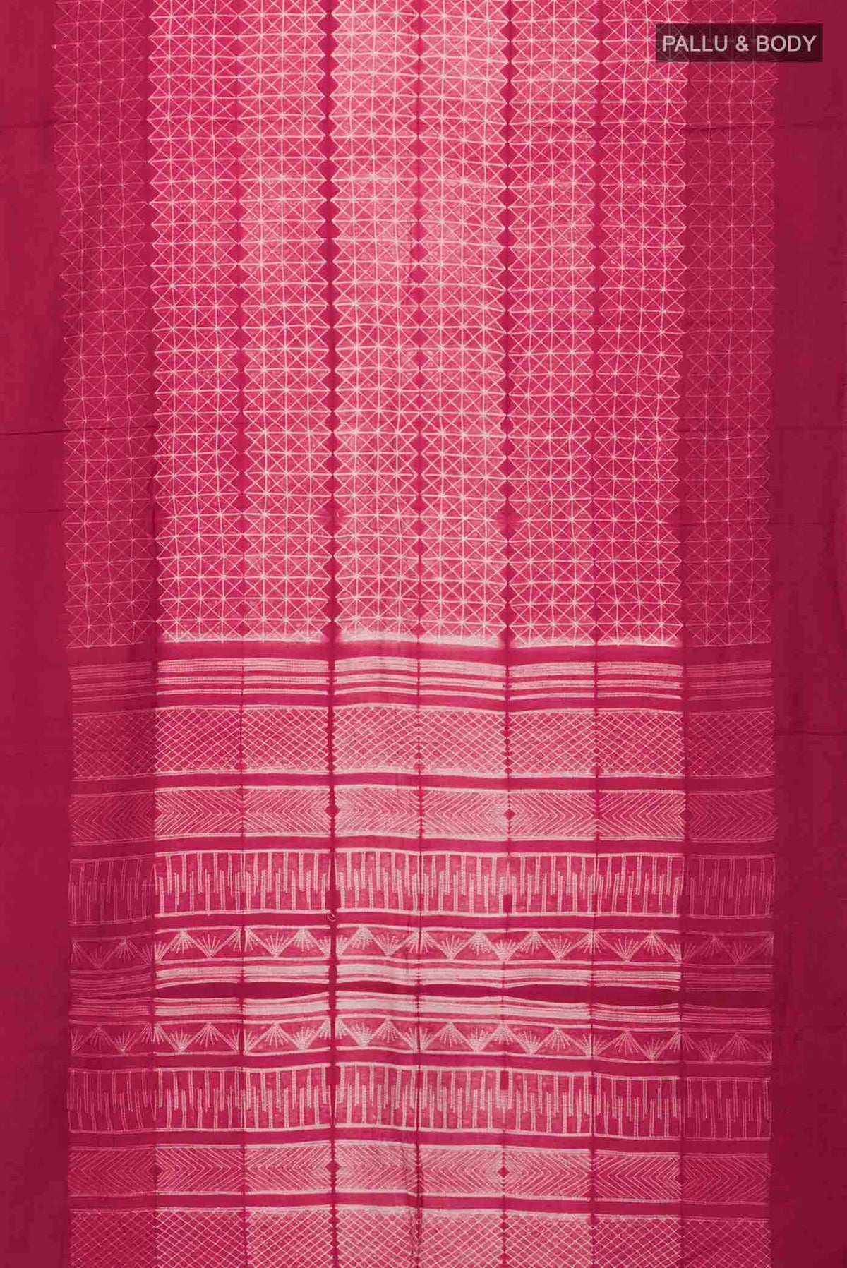 Flat view of Red Tussar Silk Saree Printed design on the body and Plain Border