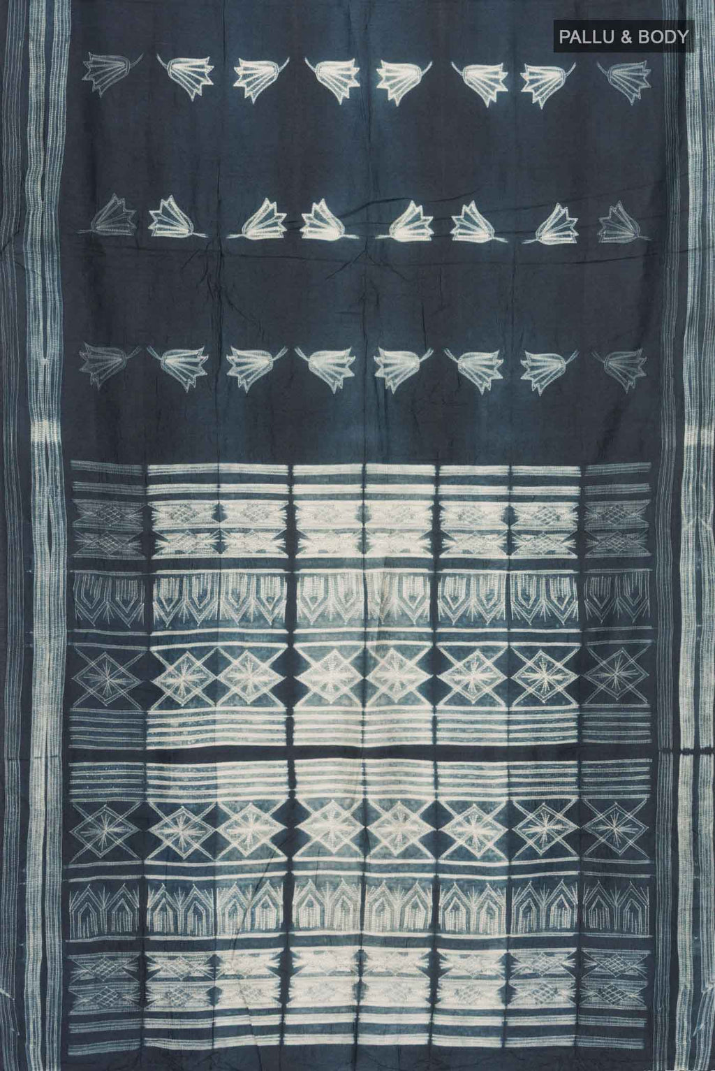Flat view of Grey Bhagalpuri Tussar Silk SareePrinted design on the body and Printed Border